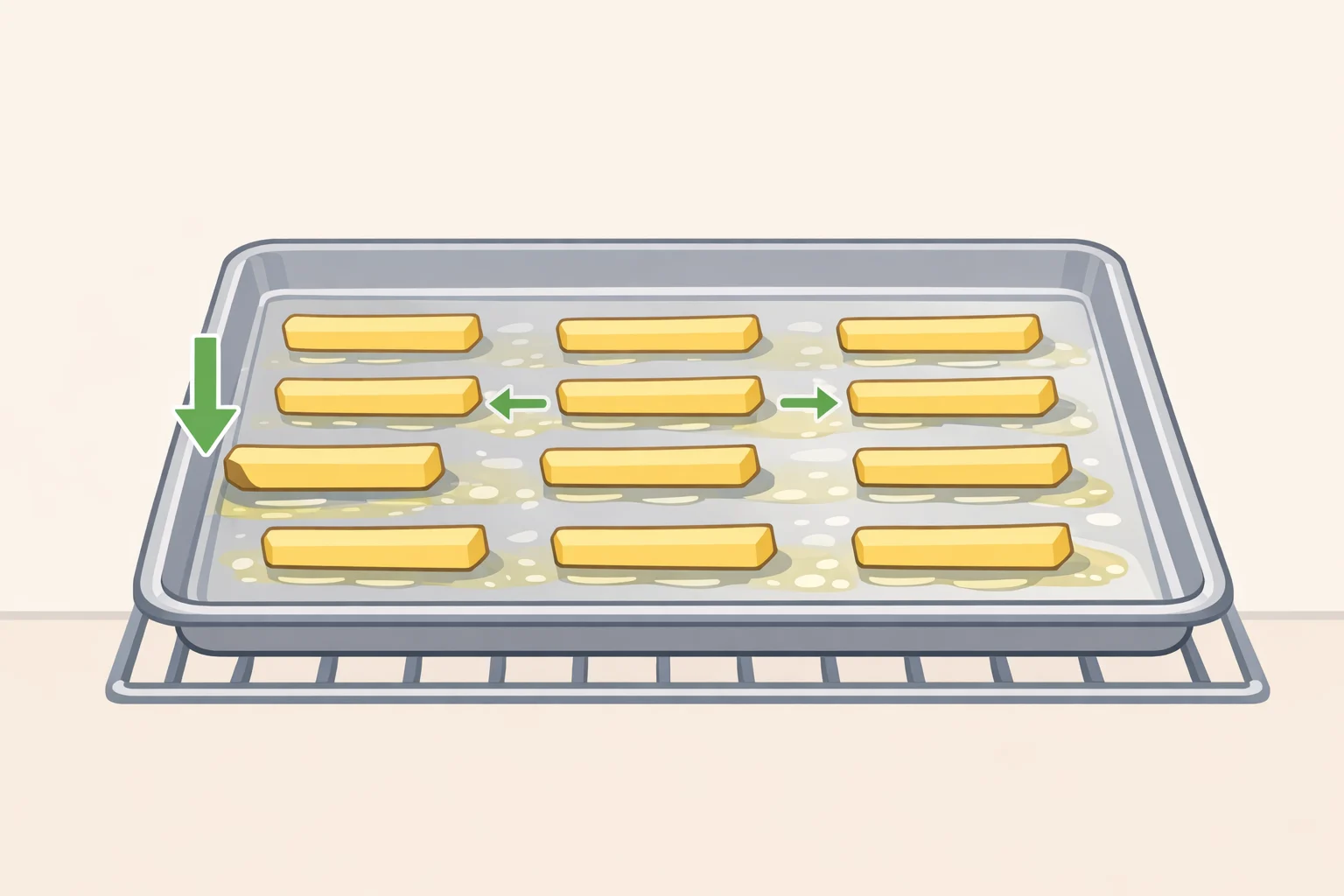 Illustration of a preheated oven with a rimmed sheet pan lightly oiled and zucchini fries spaced apart flat-side down for even browning