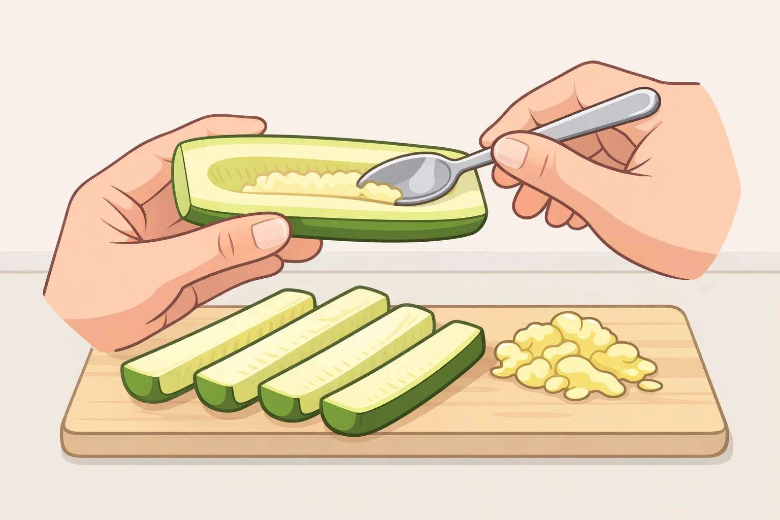 Cooker shaving the seedy white core out of zucchini sticks so the green flesh remains for crispy baked zucchini fries
