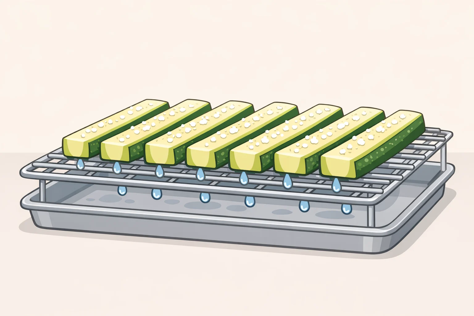 Illustration of zucchini fries on a wire rack after salting, with visible moisture beads collecting on the surface
