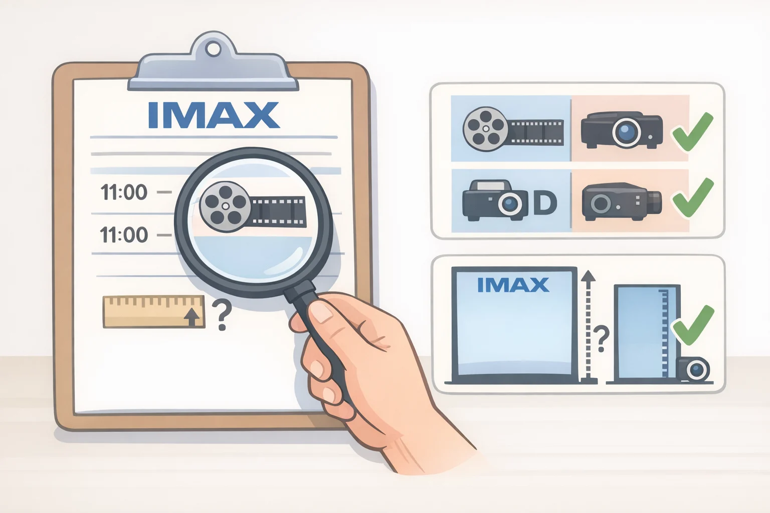 Illustration of an example ticket and theater details panel showing questions to check for 70mm film, full-height 1.43:1 IMAX, and laser versus lamp-based projection technology.