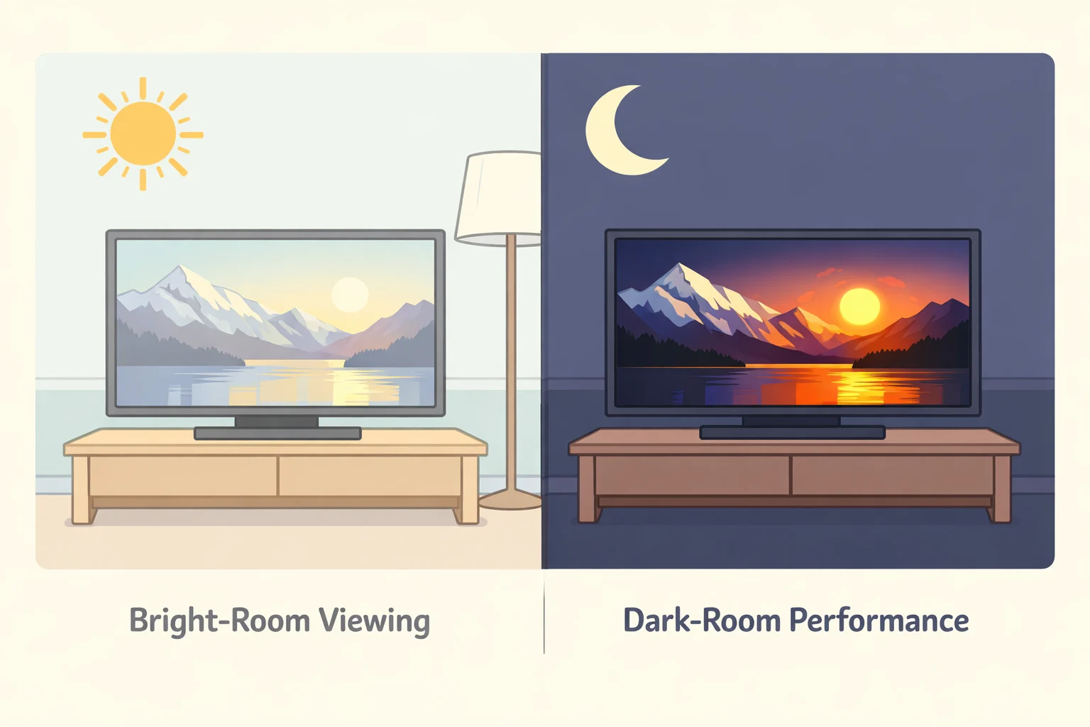 Illustration of the Hisense XR10 in a dark room versus a bright living room, visually demonstrating why the Hisense XR10 smart projector review emphasizes dark-room requirements