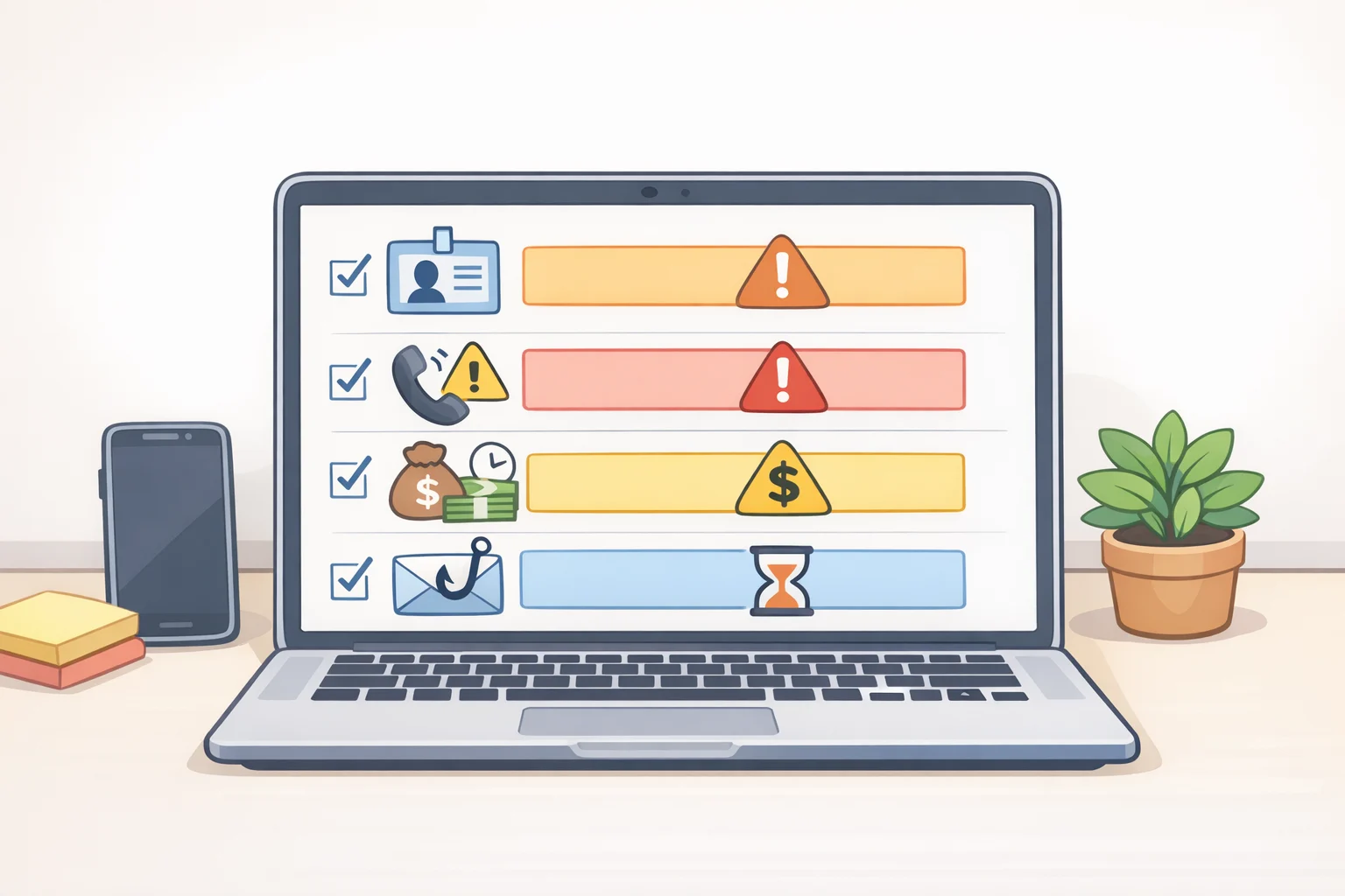 Illustration of a warning-sign checklist including unsolicited FaceTime, urgent specific claims, visual badges or logos, instructions to verify via a provided number, and requests to read back a received code