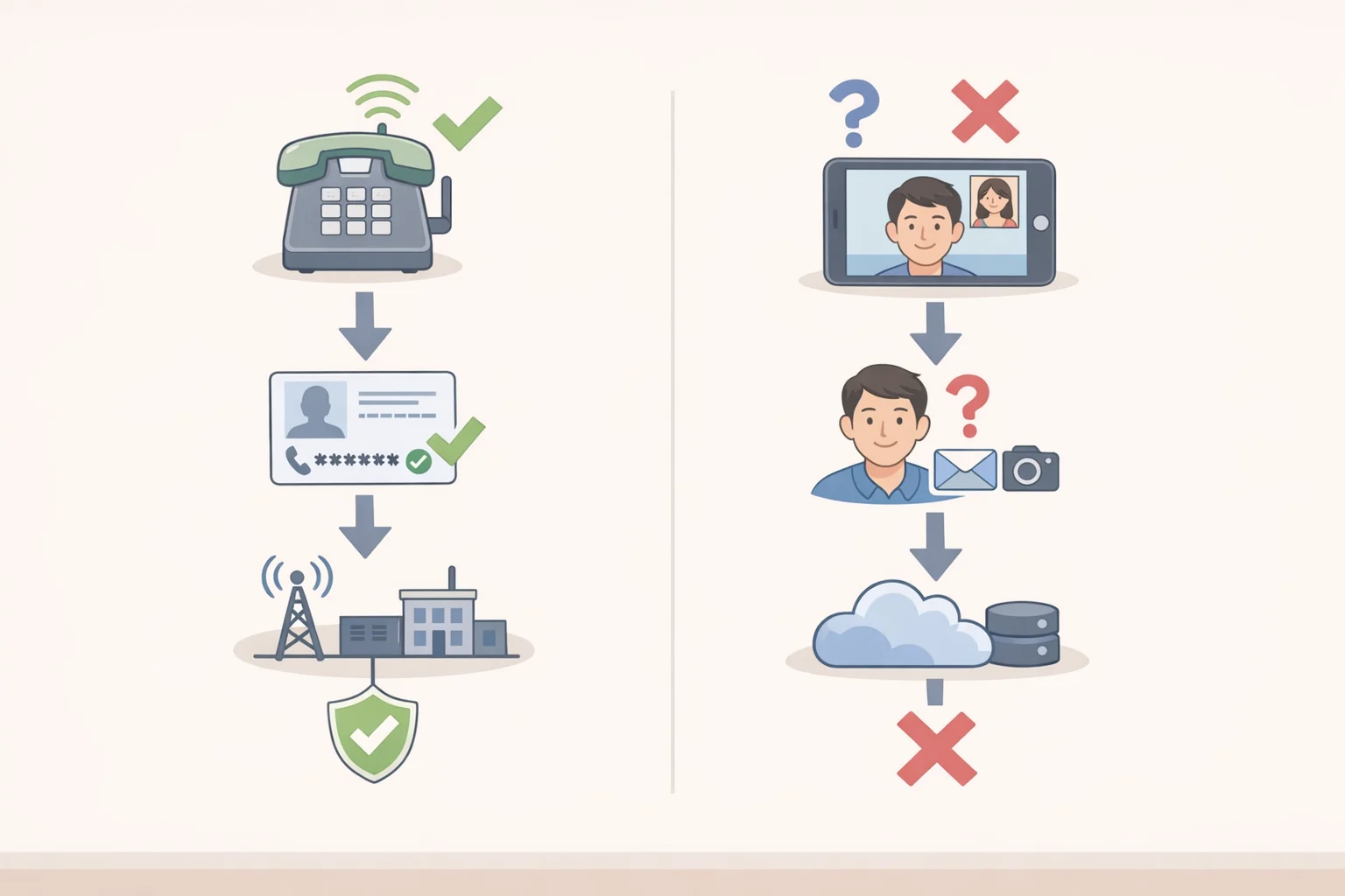 Illustration of a policy gap diagram showing STIR/SHAKEN for phone calls and no equivalent identity verification requirement for app-based video calls
