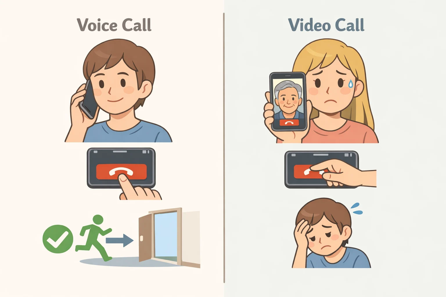 Illustration comparing a person ending an unexpected voice call with a person hesitant to end an authoritative FaceTime video call