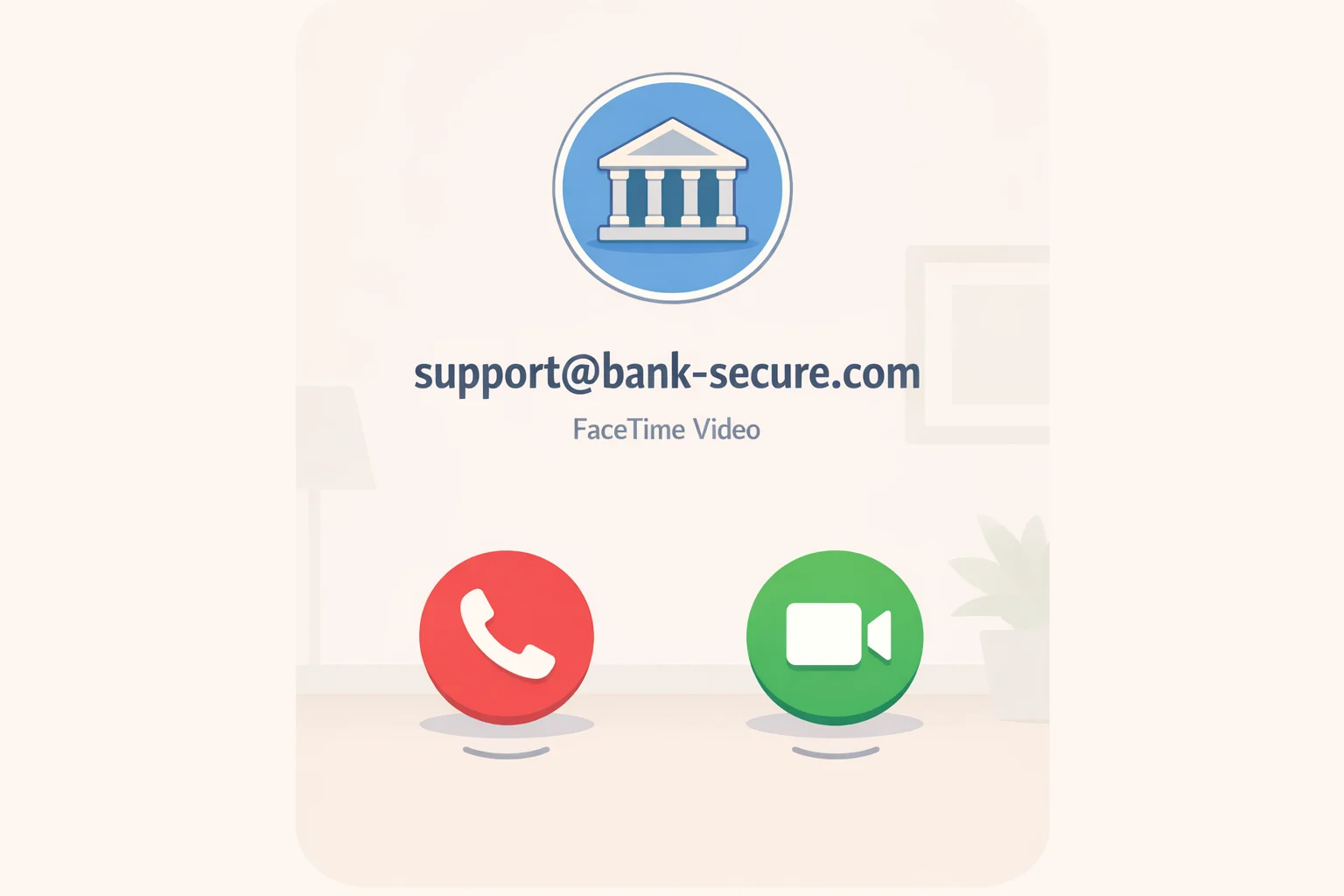 Illustration of a FaceTime call screen where the caller ID appears as a bank-themed email address like fraud-alerts@bankname-secure.com