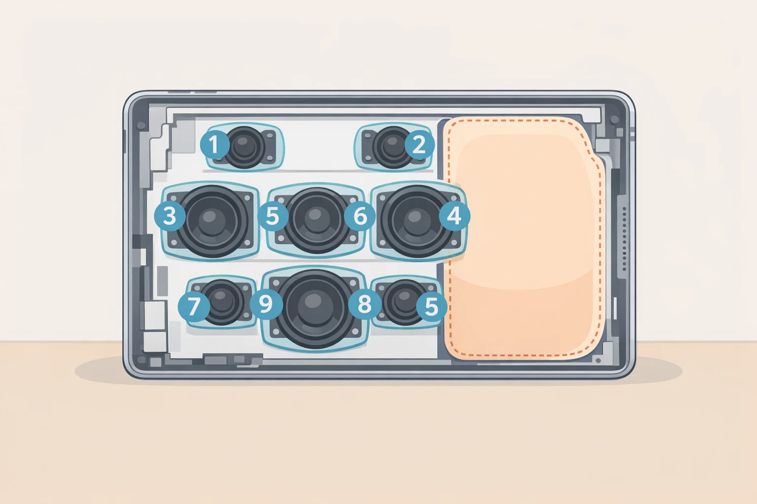 Diagram of the Lenovo Tab Plus Gen 2's nine-unit JBL speaker system with the speaker enclosure volume increased to 43cc versus the prior 22cc