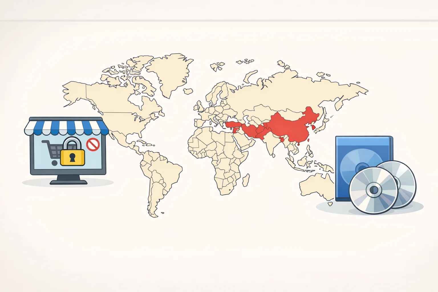 Map concept for PSN not available in 122 countries, with a storefront blocked icon and an alternative route shown via buying physical PS5 discs in affected regions