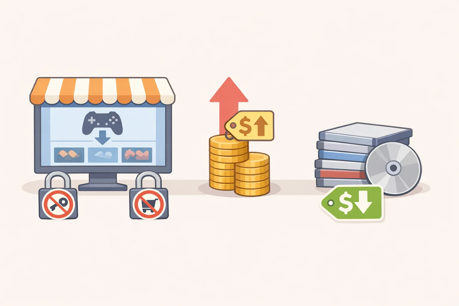 Illustration of the PlayStation Store as the only legal digital channel in Europe, with third-party code sellers blocked and prices shown higher than physical copies in the same title listings