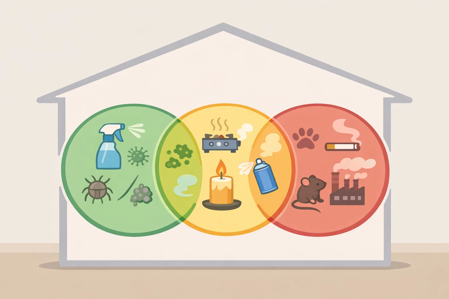 Diagram breaking indoor pollutants into what professional cleaning can reduce (dust mites, particulates, VOCs from products), what it supports but cannot fix alone (moisture-driven mold without moisture control), and what it cannot address (radon and carbon monoxide), for understanding professional cleaning for indoor air quality in Rowlett TX.