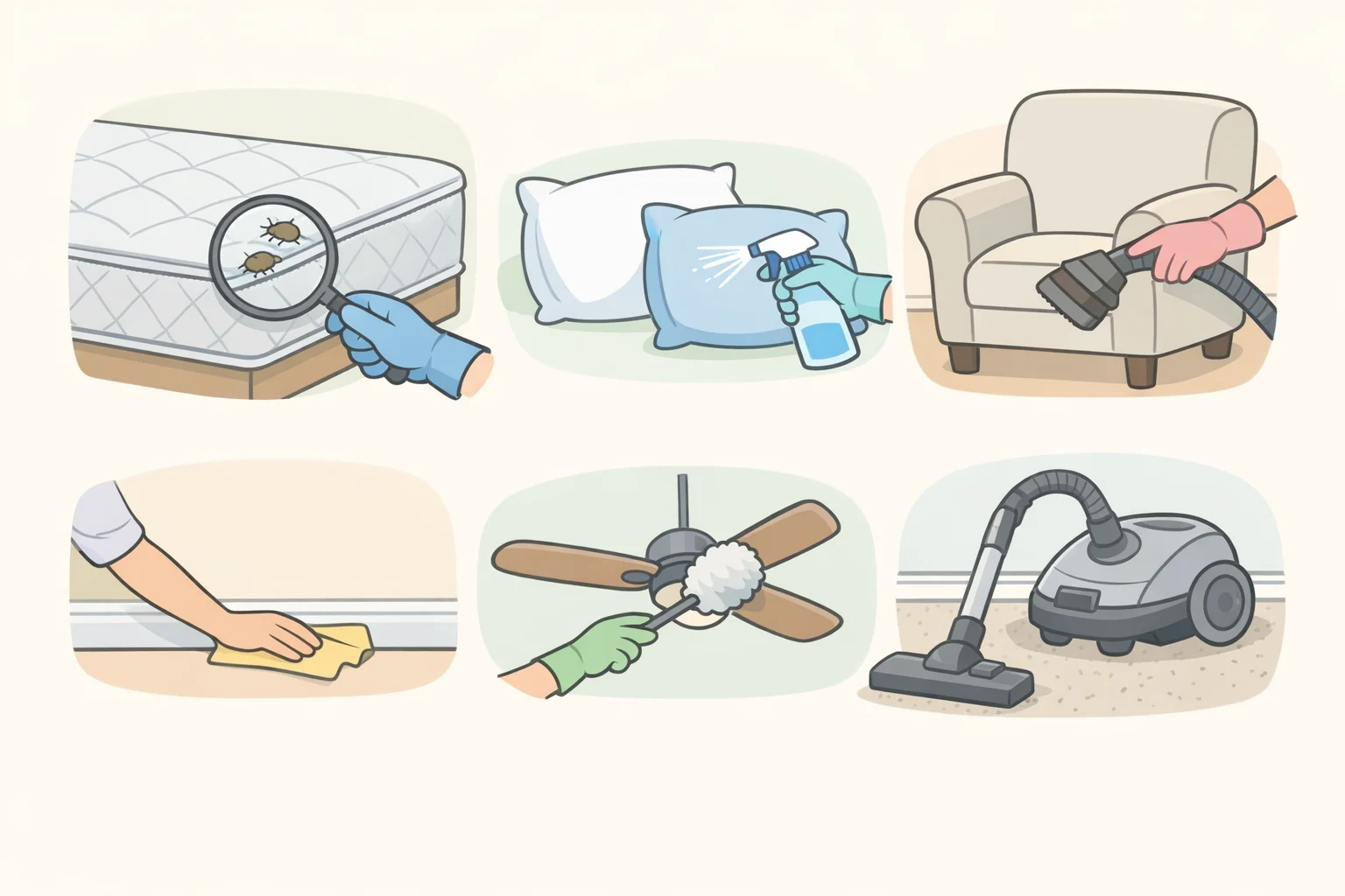 Illustration of a bedroom highlighting allergen reservoirs with labeled zones: mattress and pillows, curtains and upholstery, baseboards, ceiling fan blades, ventilation covers, and HEPA-filtered vacuuming of carpets and rugs.