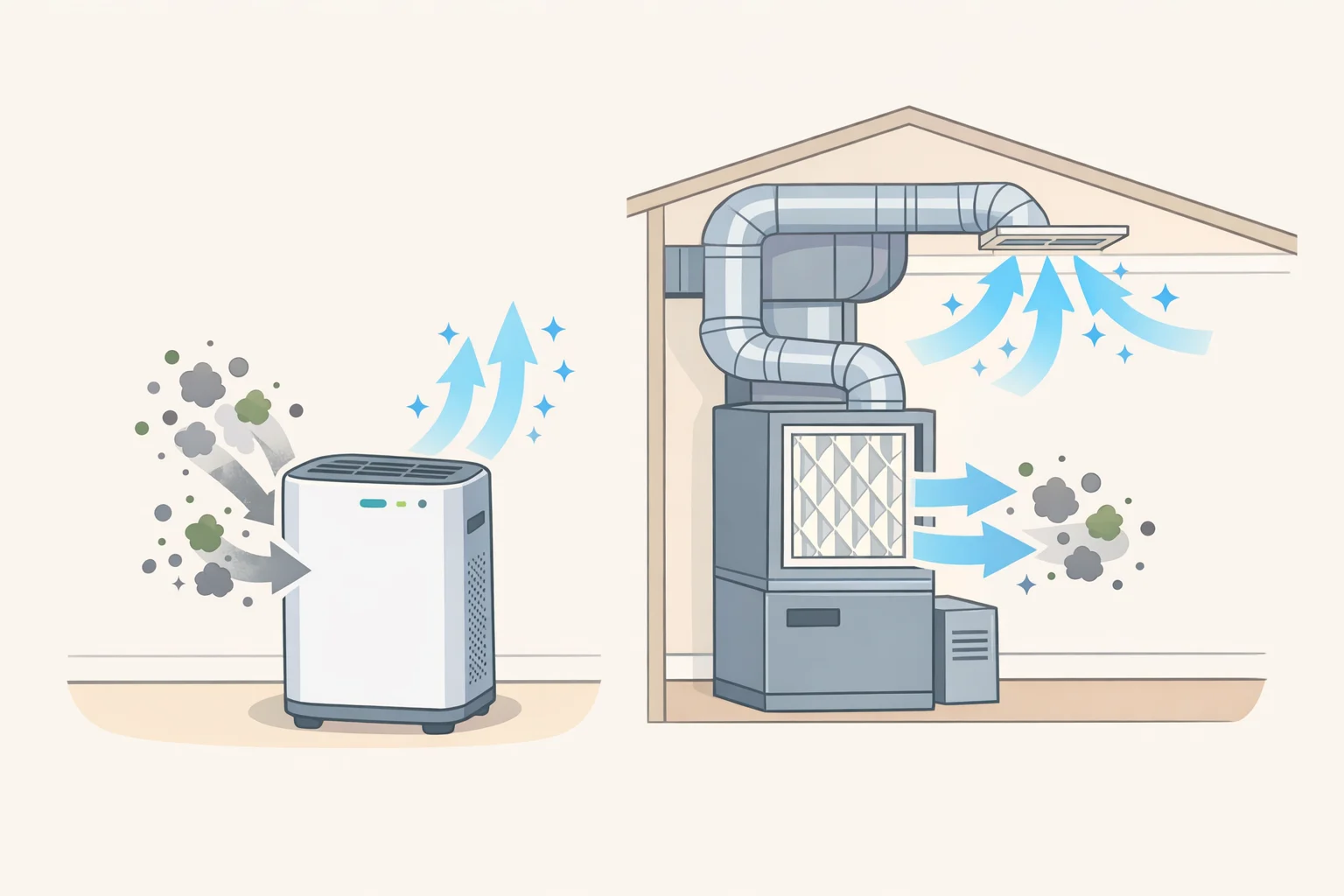 Illustration of a living room where a HEPA-filtered portable air cleaner reduces PM2.5 while a maintained HVAC system circulates cleaner air through properly serviced coils and filters.