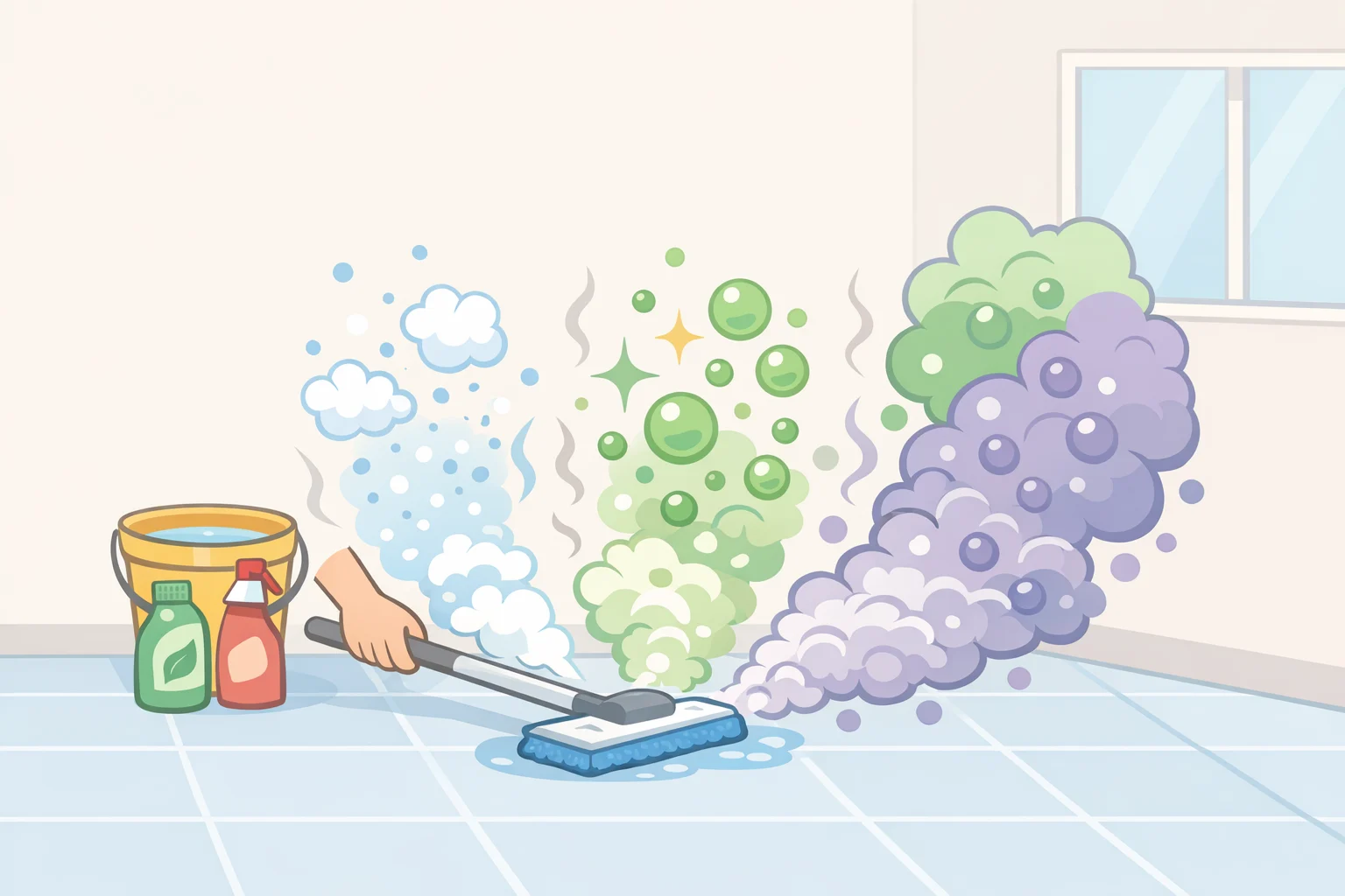 Side-by-side airflow illustration comparing normal mopping versus using heavily fragranced or higher-concentration cleaners, showing spikes in fine particles and VOCs lingering in a low-ventilation home.