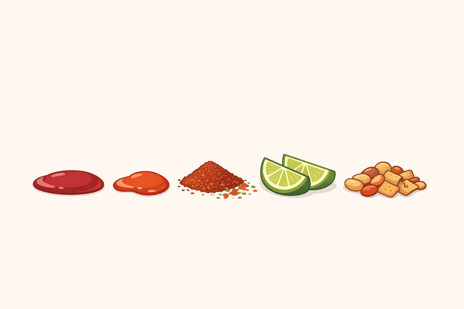 A labeled layout of Tostilocos ingredients showing chamoy, Valentina, Tajín chile-lime powder, fresh lime wedges, cueritos, and crunchy toppings ready for assembly