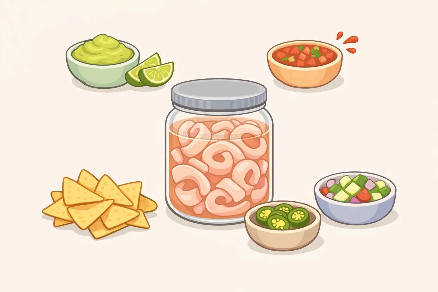 Close-up diagram of thick tortilla chips topped with pickled pork rind (cueritos) and other toppings to highlight how cueritos distinguishes how to make Tijuana-style tostilocos from a generic dressed-chip snack