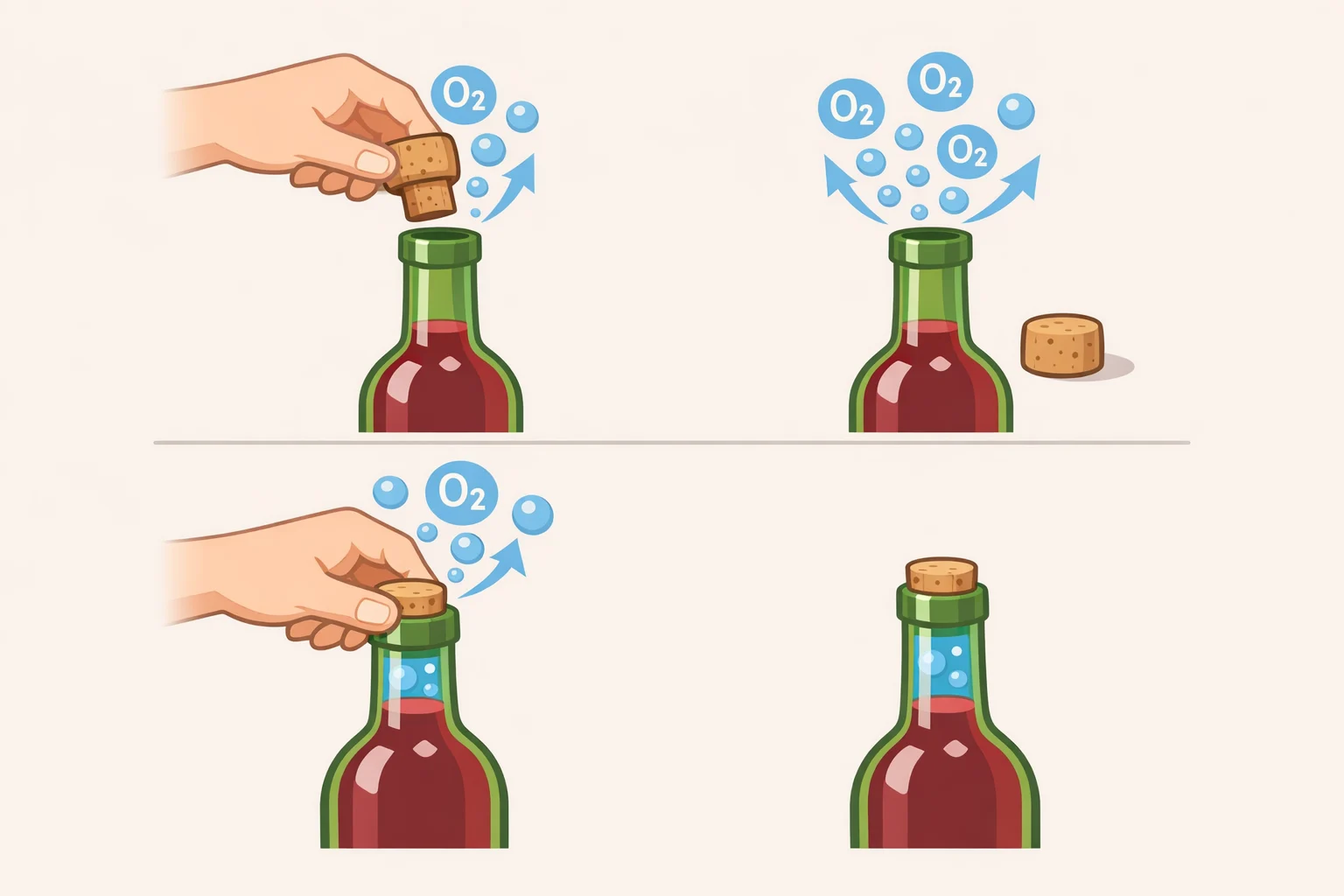 An opened rosé bottle with a cork being replaced and a small oxygen "burst" each time it's uncorked, illustrating why refrigeration slows oxidation