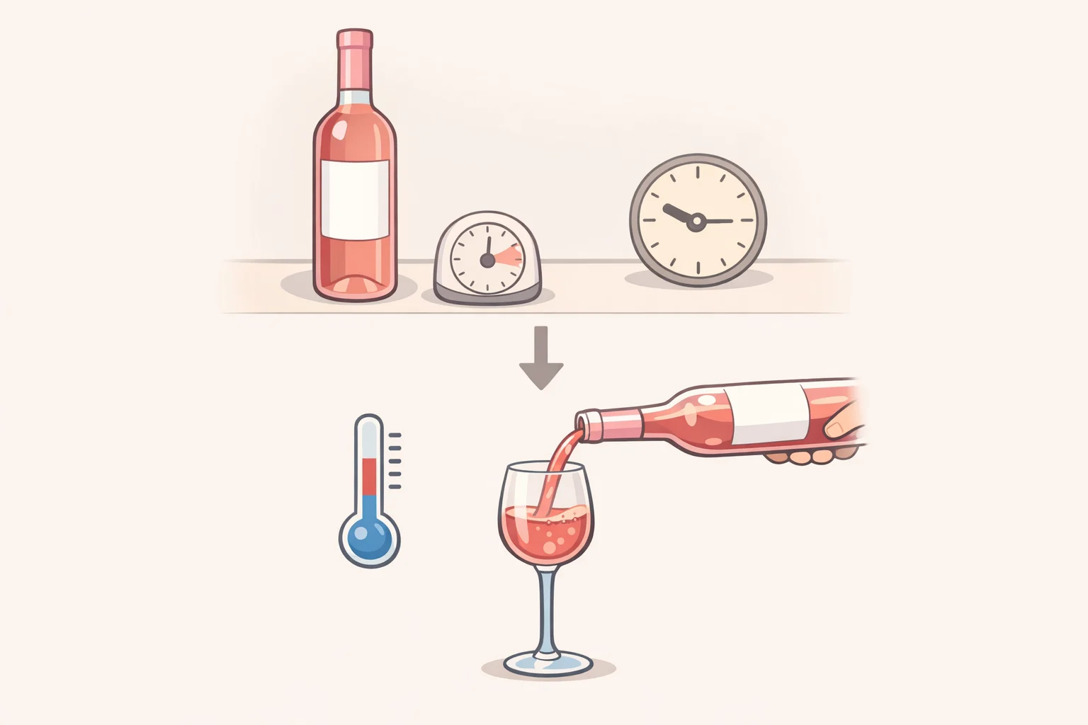 A kitchen scene with a chilled rosé bottle sitting for 10–15 minutes on the counter before pouring, emphasizing serving temperature after chilling