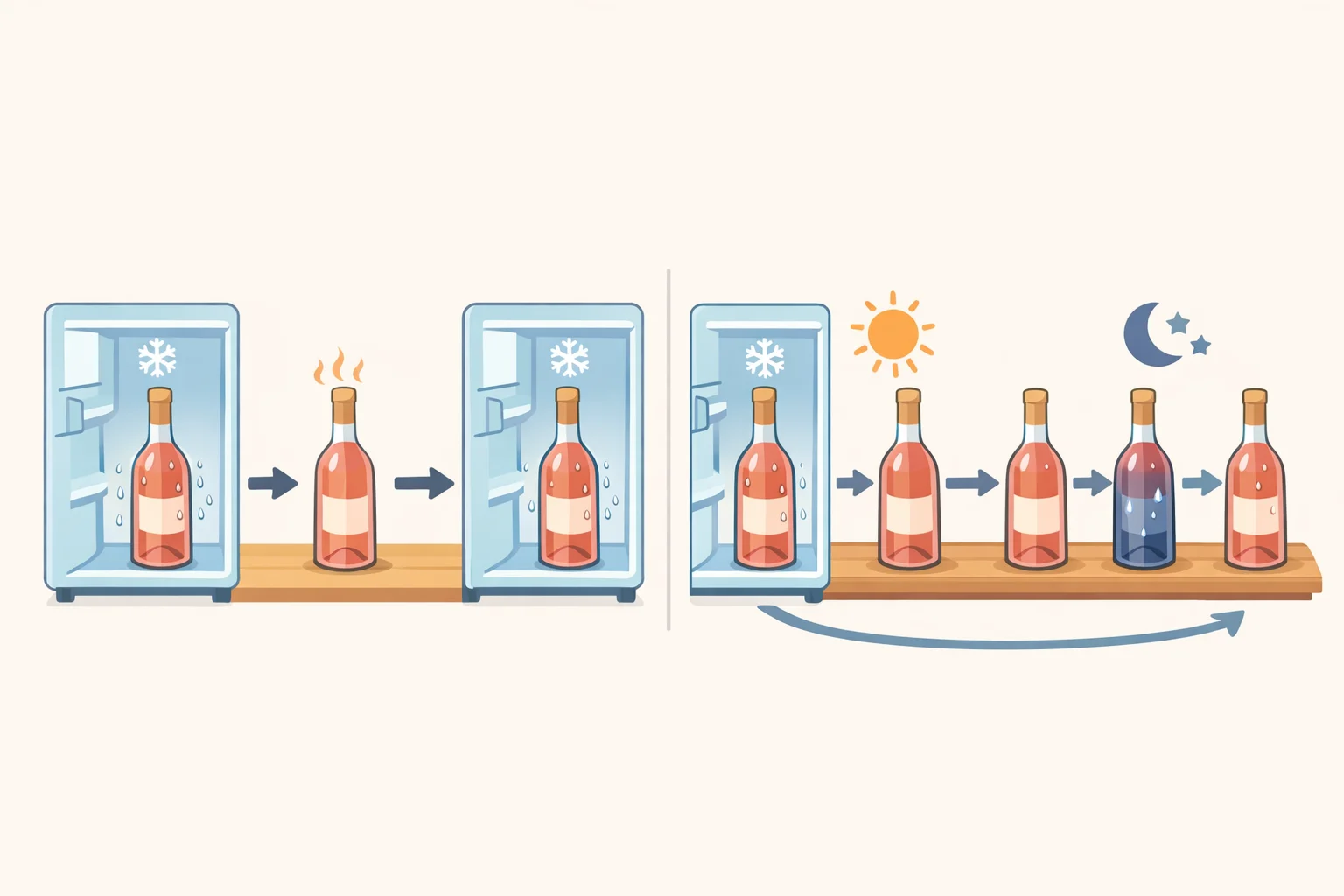 A comparison graphic showing a sealed rosé bottle making one short trip from the fridge to the counter and back versus repeatedly cycling across multiple days, highlighting that does rosé need to stay cold once chilled mainly for taste consistency