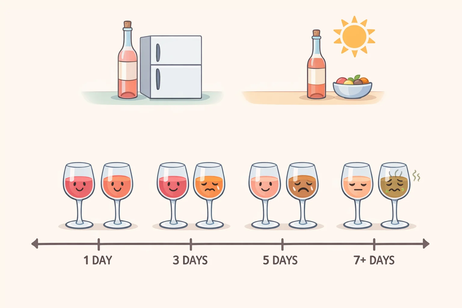 A set of labeled timeline cards comparing re-corked and refrigerated, left out overnight, opened repeatedly across several days, and stored in a clear bottle under bright light