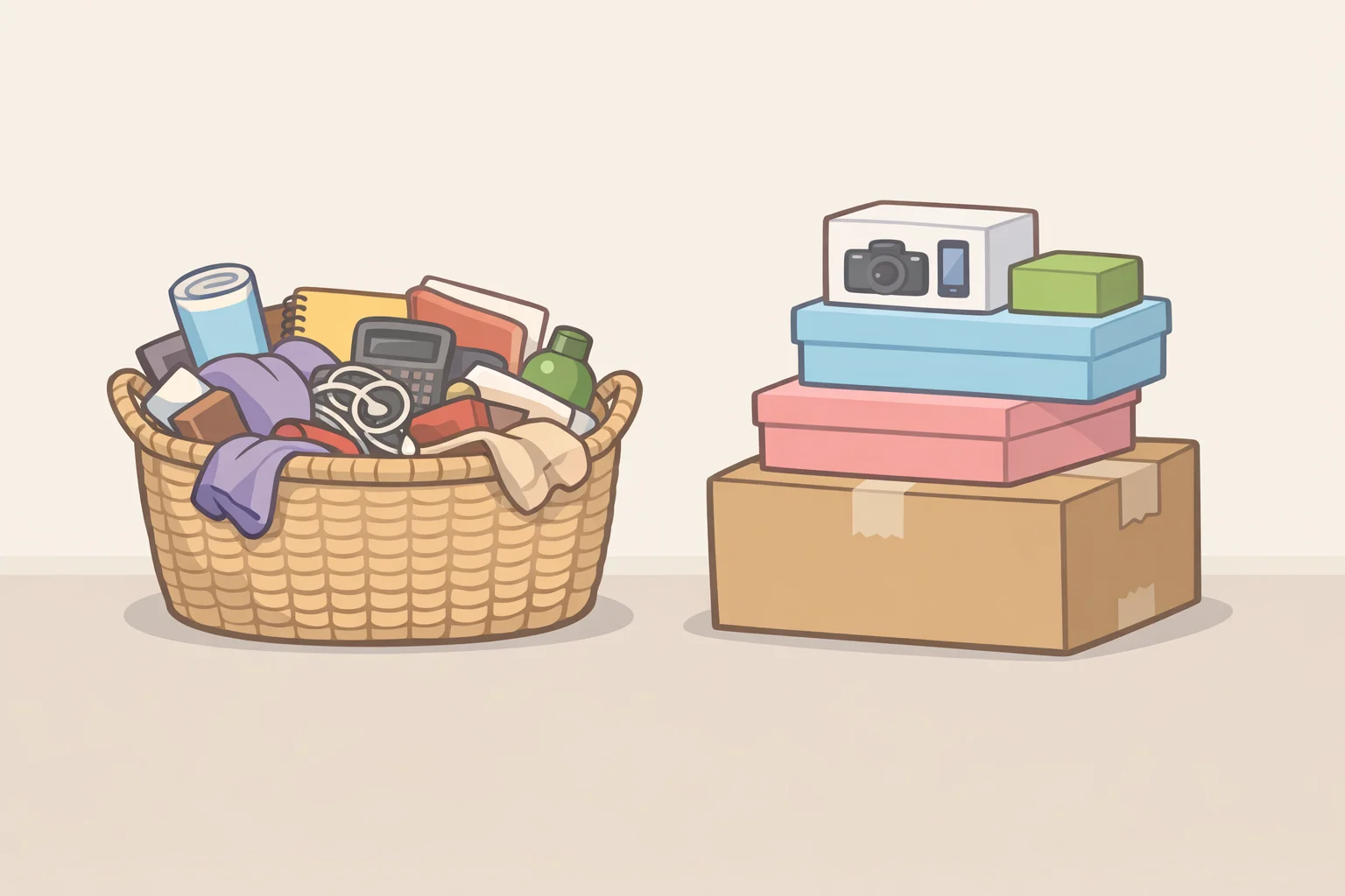 Illustration of clutter collecting in a decorative basket and a stack of unused shoeboxes instead of items being put away properly