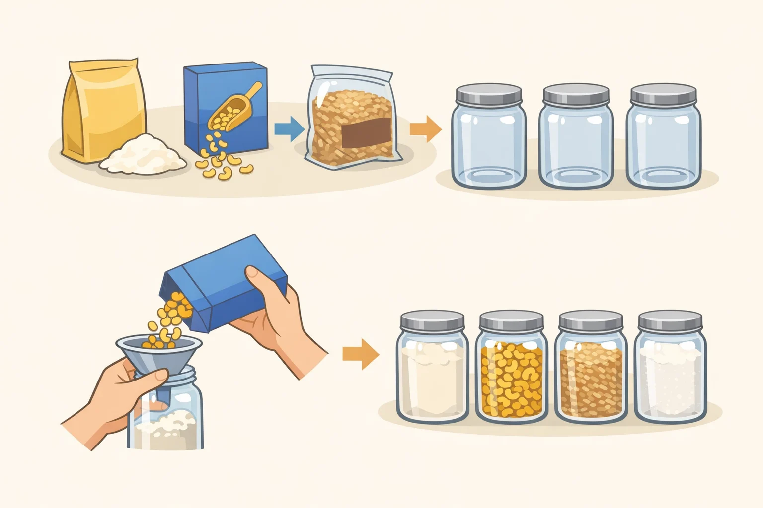 Illustration of a pantry shelf with matching decanters where expiration dates and contents labels are harder to read than on original packages