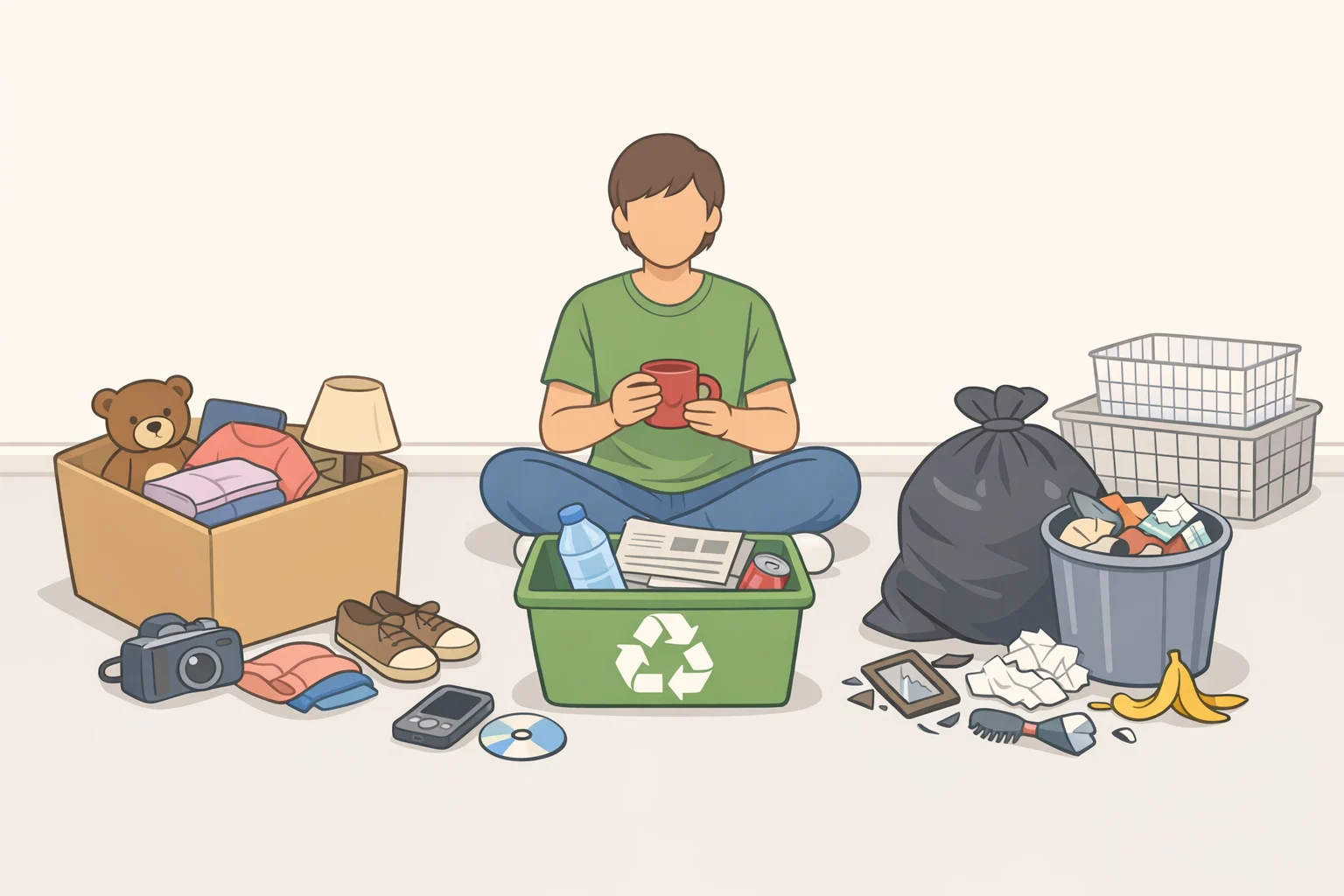 Illustration of a decluttering setup with three labeled bags/bins for donations, recycling, and trash to avoid storage items that are a waste of money