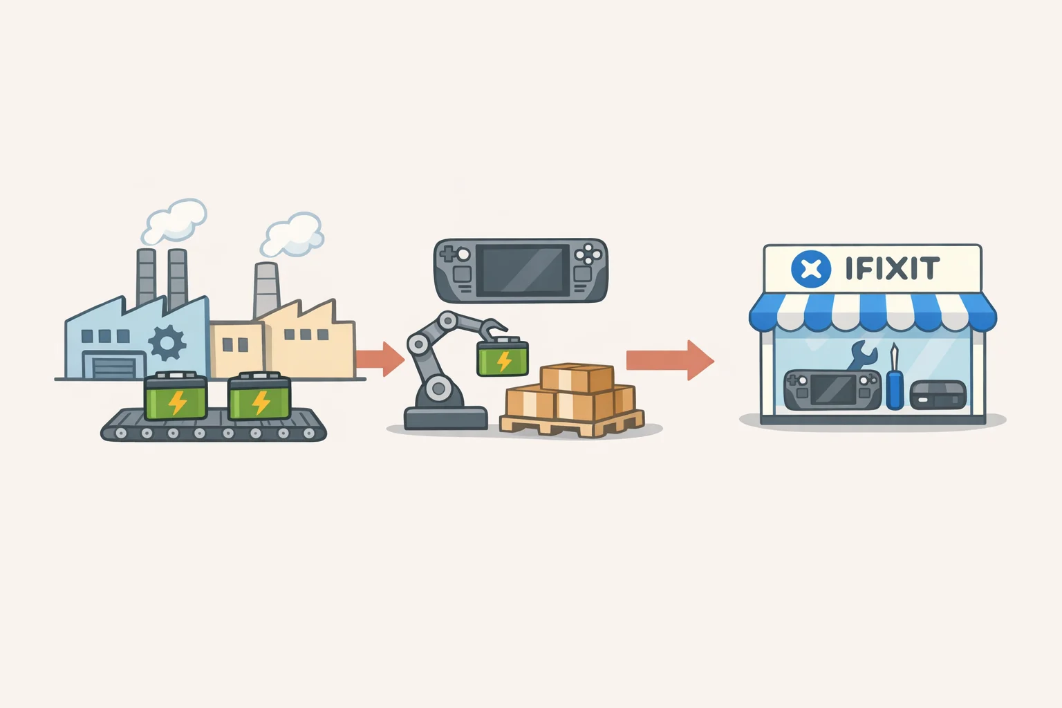 Diagram illustrating the flow of OEM replacement batteries from Valve supply partners to iFixit, and how the pipeline can fail without a stated end date