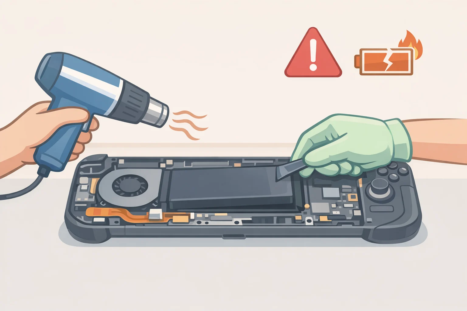 Close-up illustration of the Steam Deck LCD battery adhesive bond being carefully softened before lifting out the battery, emphasizing why Steam Deck battery replacement parts availability matters