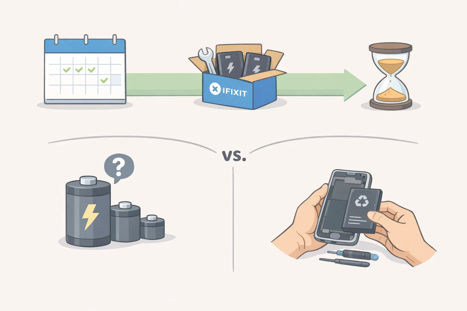 Illustration of a simple timeline showing LCD Steam Deck replacement batteries returning to iFixit within about a week, with an arrow to aftermarket sourcing if the restock slips