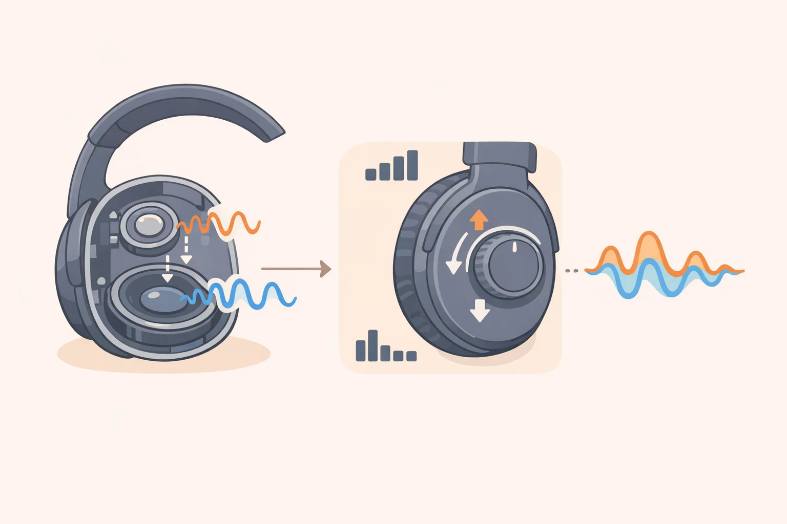 Diagram of the Skullcandy Crusher 1080 ANC showing a full-range driver plus a dedicated bass driver, with a bass control wheel on the earcup