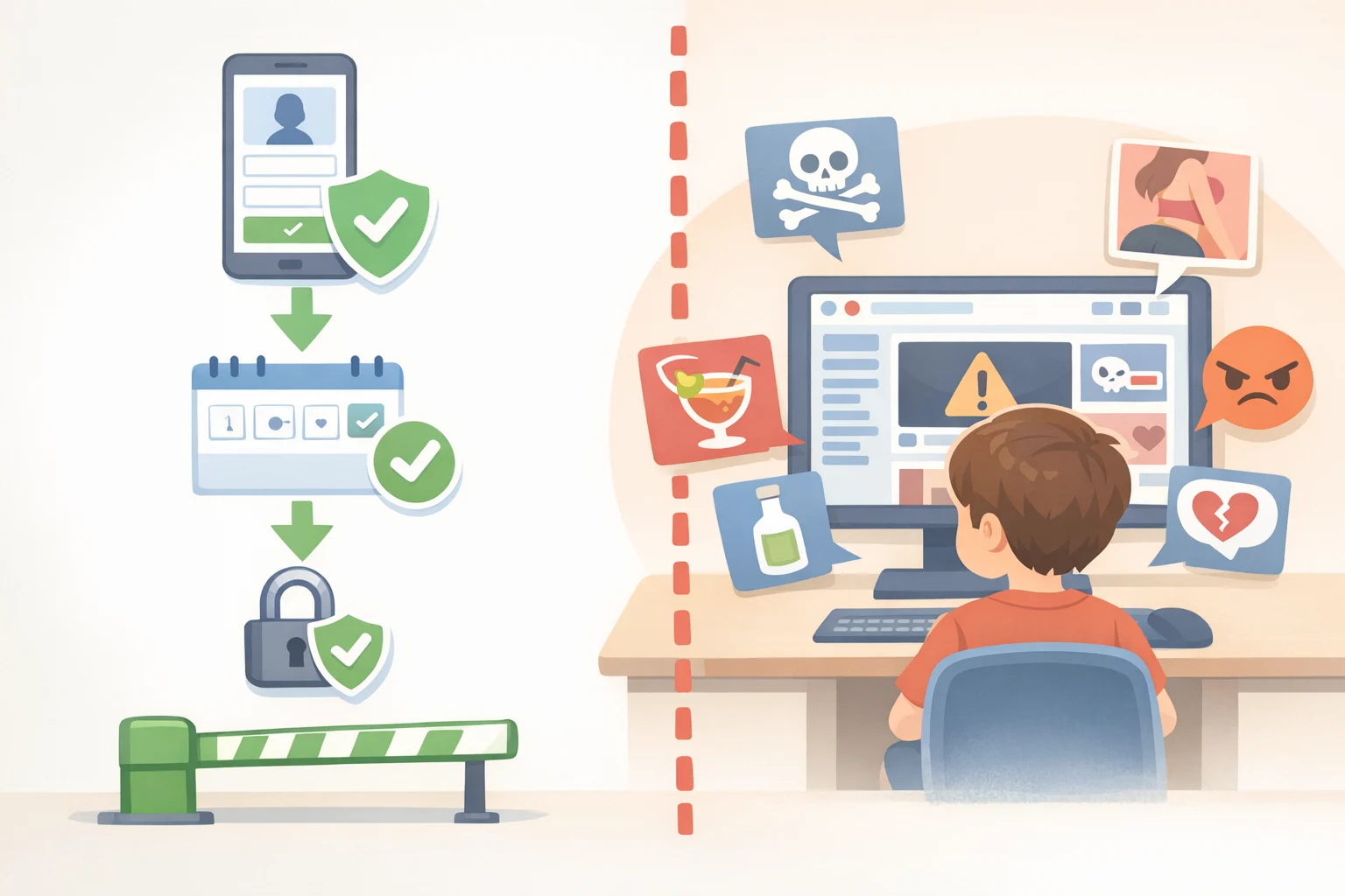Flowchart showing that on social platforms an age check at sign-up identifies who a child is, but harmful content exposure still occurs after login
