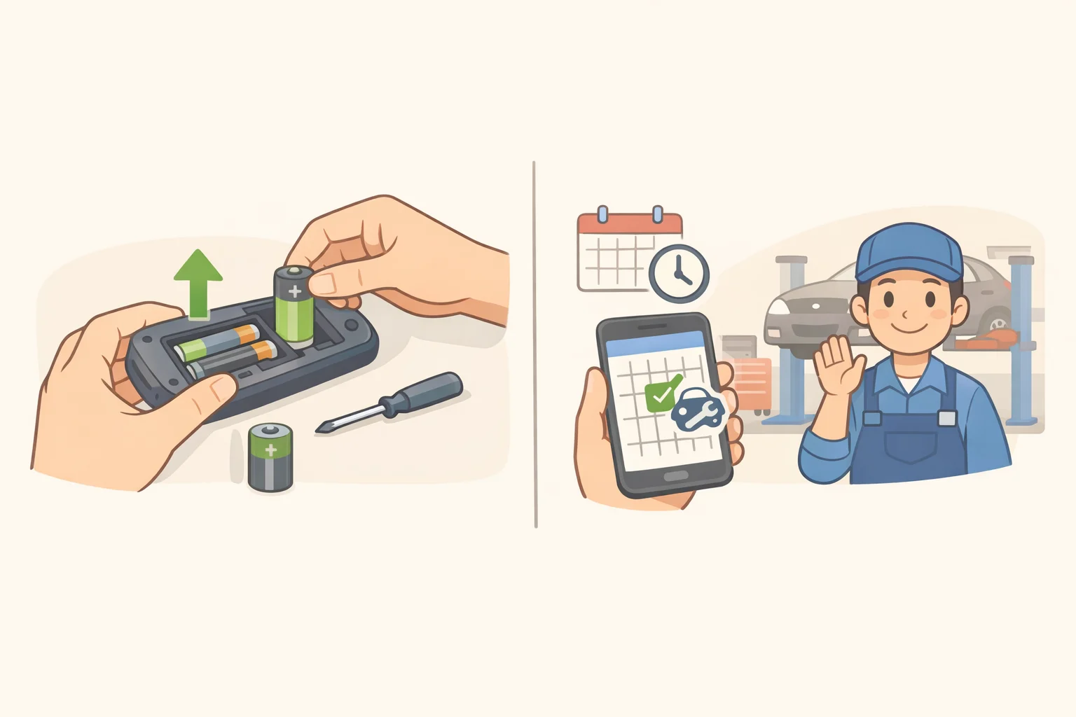 Side-by-side illustration of a smartwatch battery being swapped by the owner versus the owner taking the watch to an independent professional for battery replacement