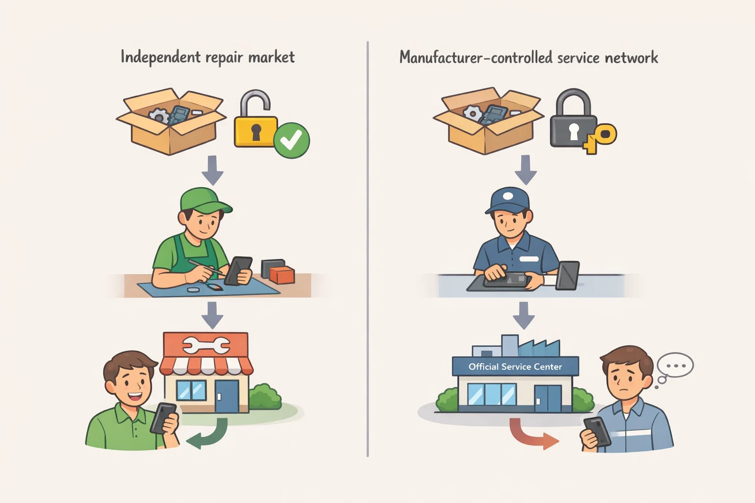 Illustration contrasting a thriving independent repair ecosystem with a tightly controlled manufacturer service network for replacing wearable smartwatch batteries under the revised draft
