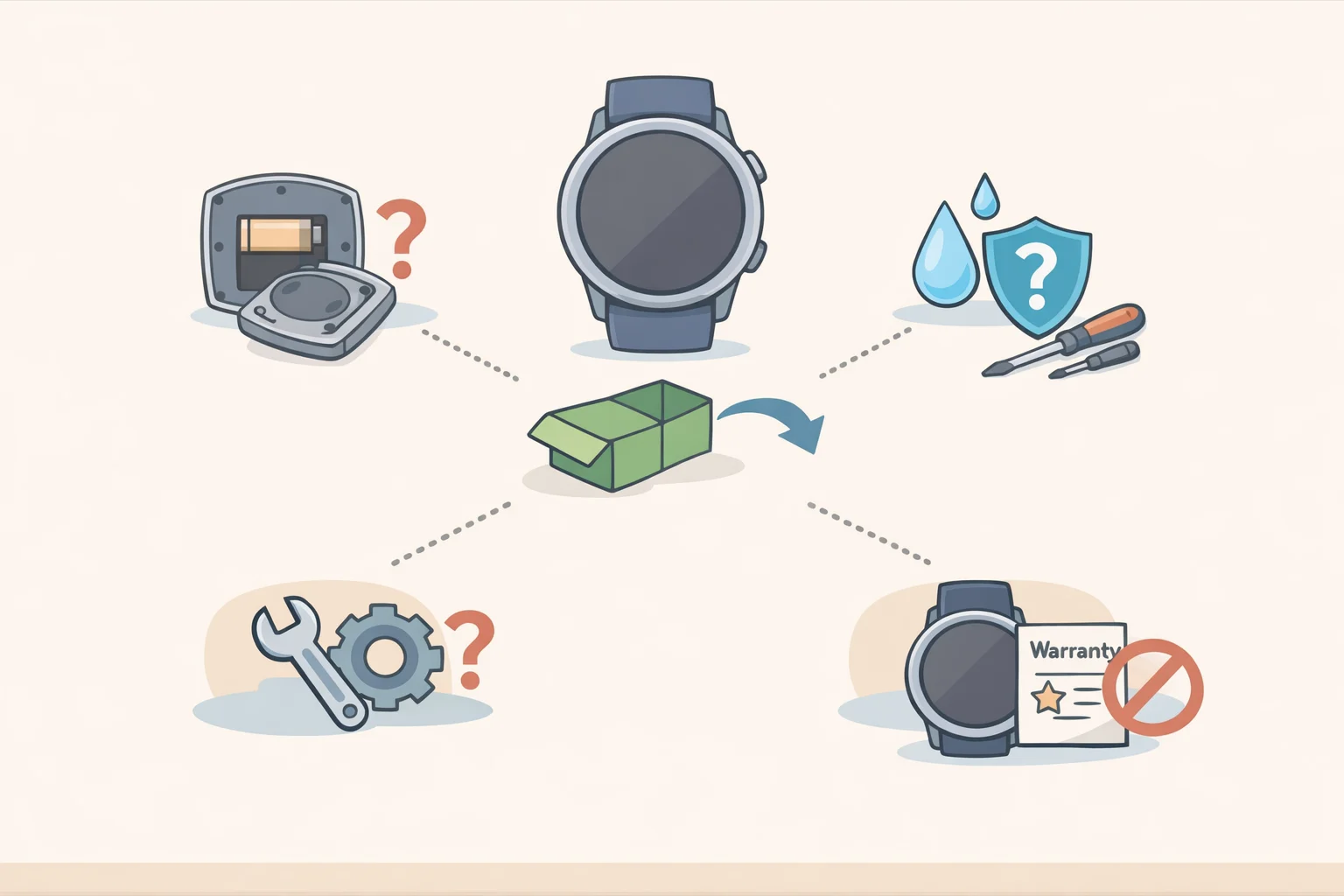 Shopping checklist infographic for 2026–2027 smartwatch buyers showing items like lack of user-accessible battery compartments, availability of professional battery replacement, software pairing restrictions, and warranty terms