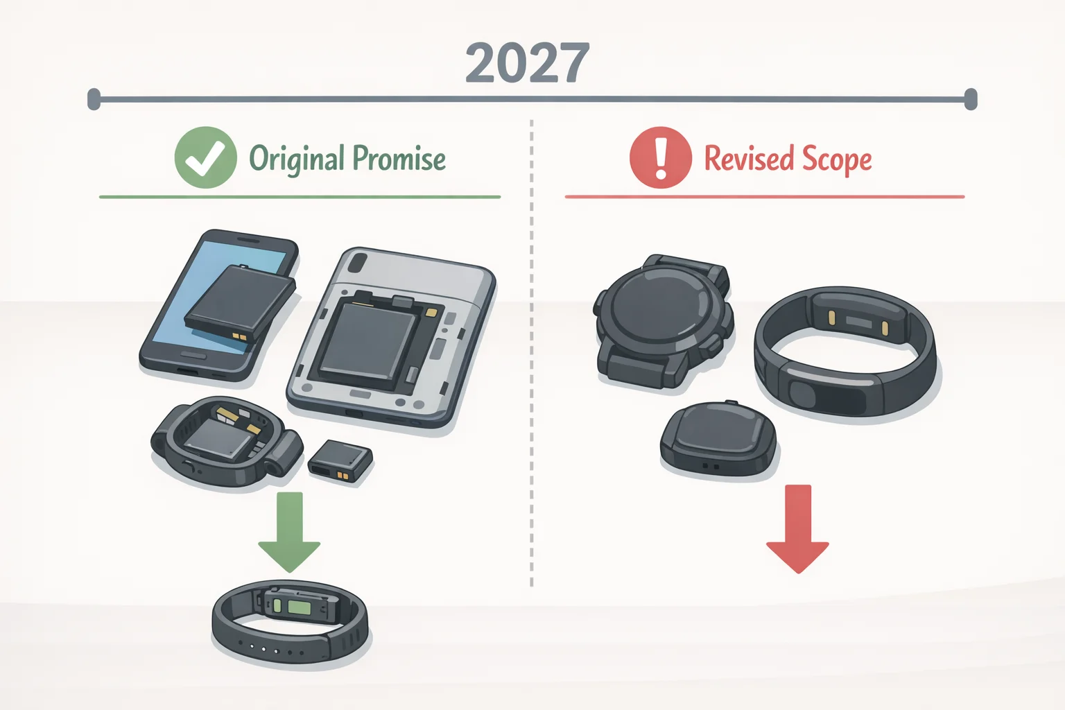 Timeline graphic showing the EU Batteries Regulation moving the user-replaceable battery requirement to 2027 for phones and laptops, while draft exemptions remove smartwatches and other wearables from owner access under EU smartwatch replaceable battery rules