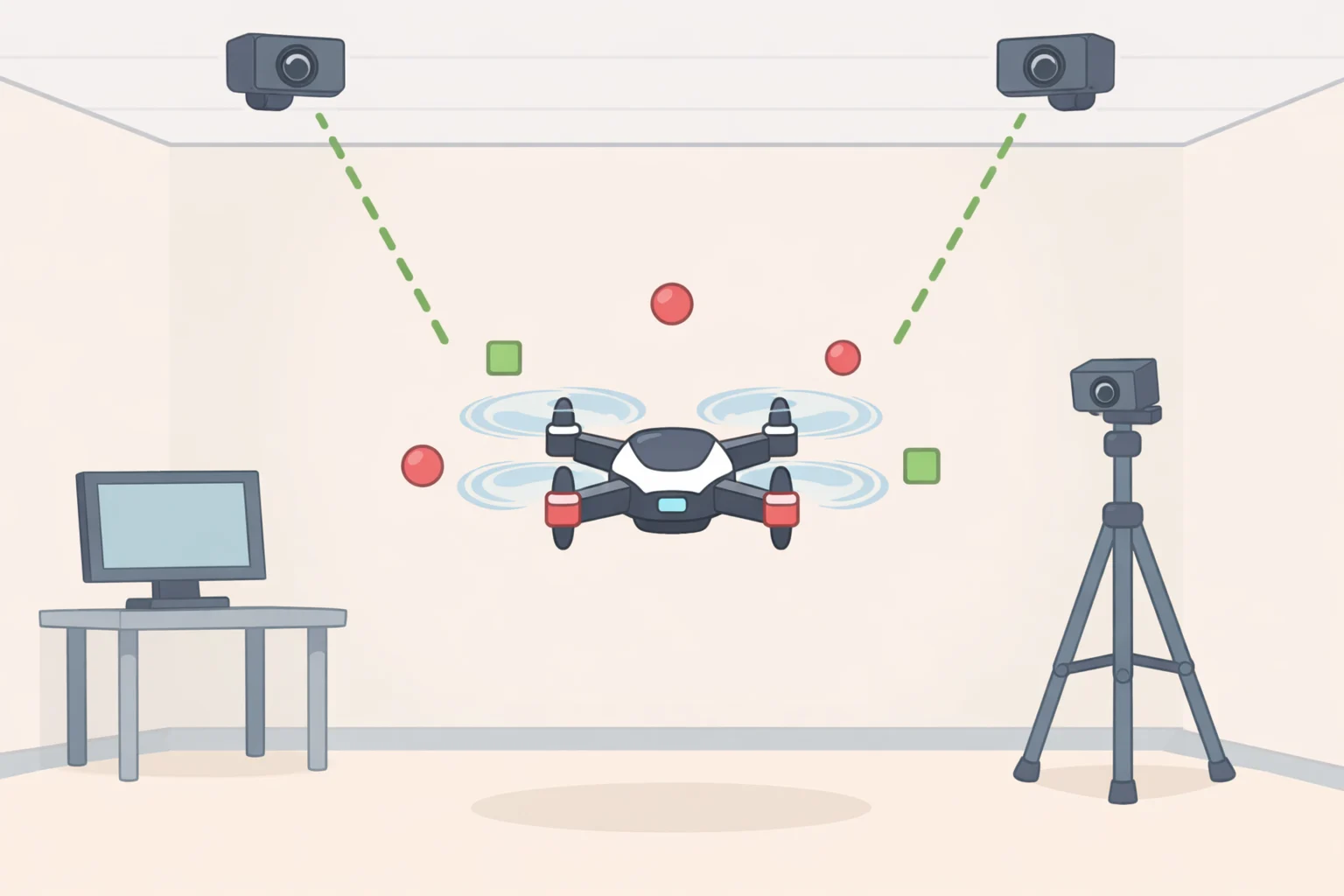 Indoor flight test layout showing a palm-sized spinning drone tracked by an external optical system, with the hover region highlighted to emphasize limited maneuvering