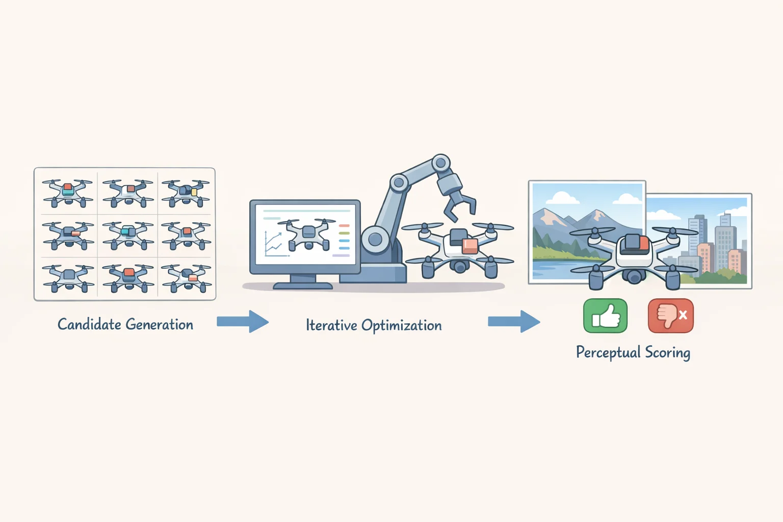 Diagram of the AI pipeline that generates millions of Phantom Twist design candidates, optimizes component positions, then scores visibility using a human-perception model and real-world background images