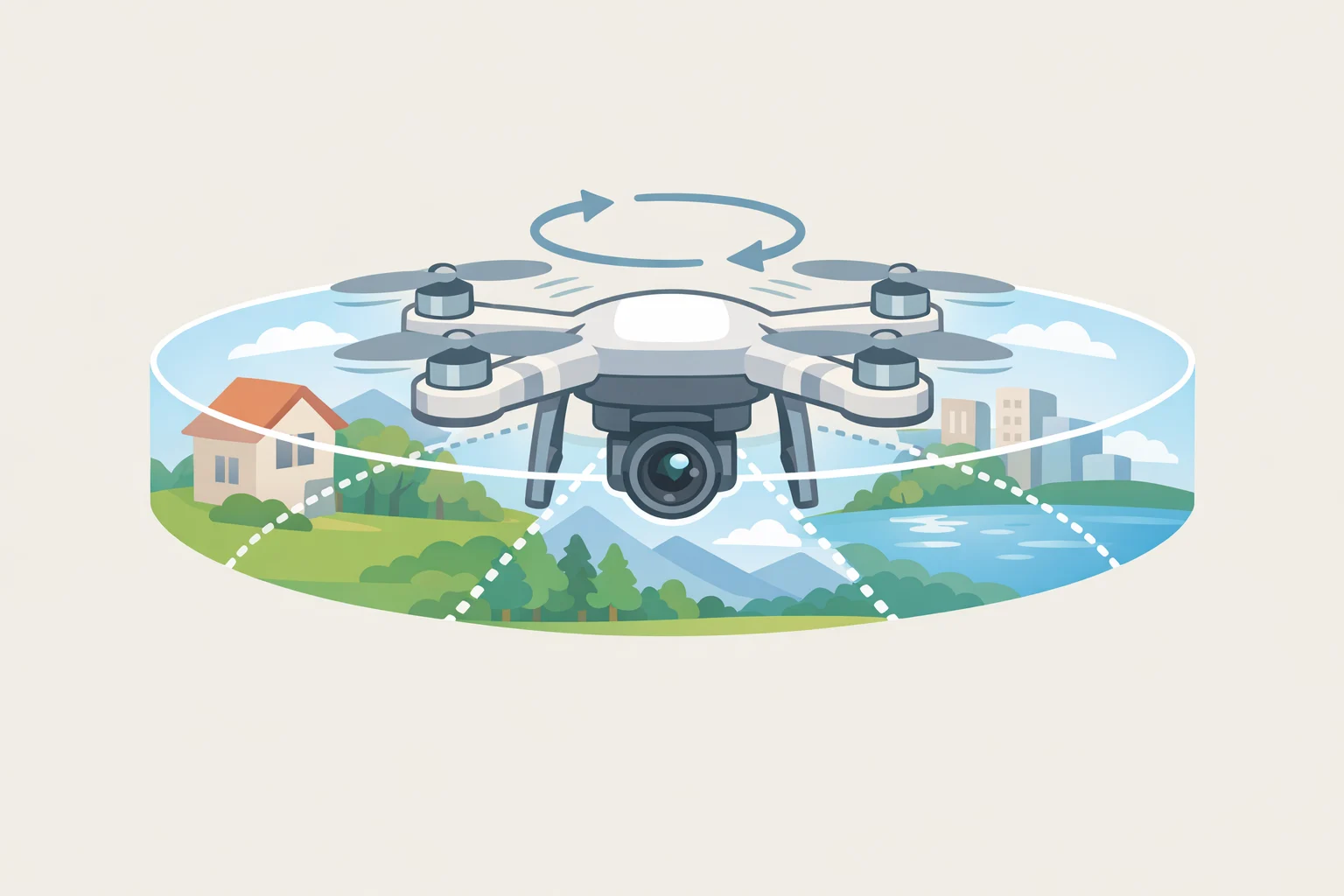 Concept illustration of the spinning drone mounting a camera on the rotating body, capturing a continuous 360-degree image stream for onboard navigation