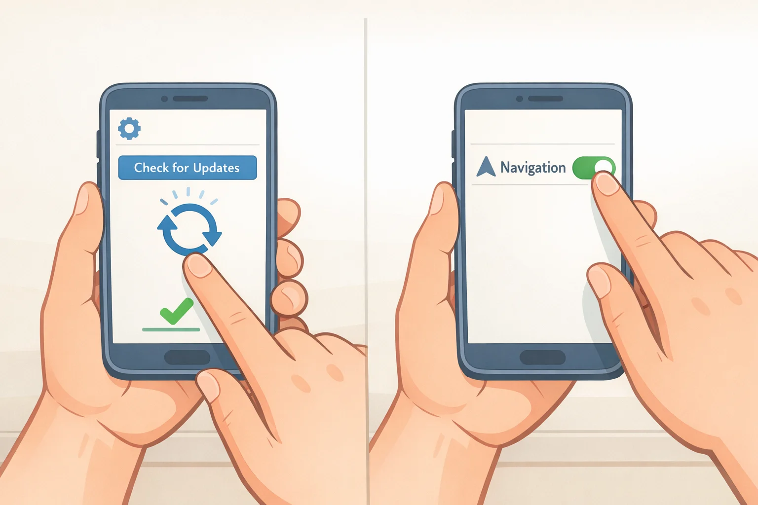 Illustration of an app update check followed by enabling the “Enable Improved Navigation” toggle in Sonos app Settings