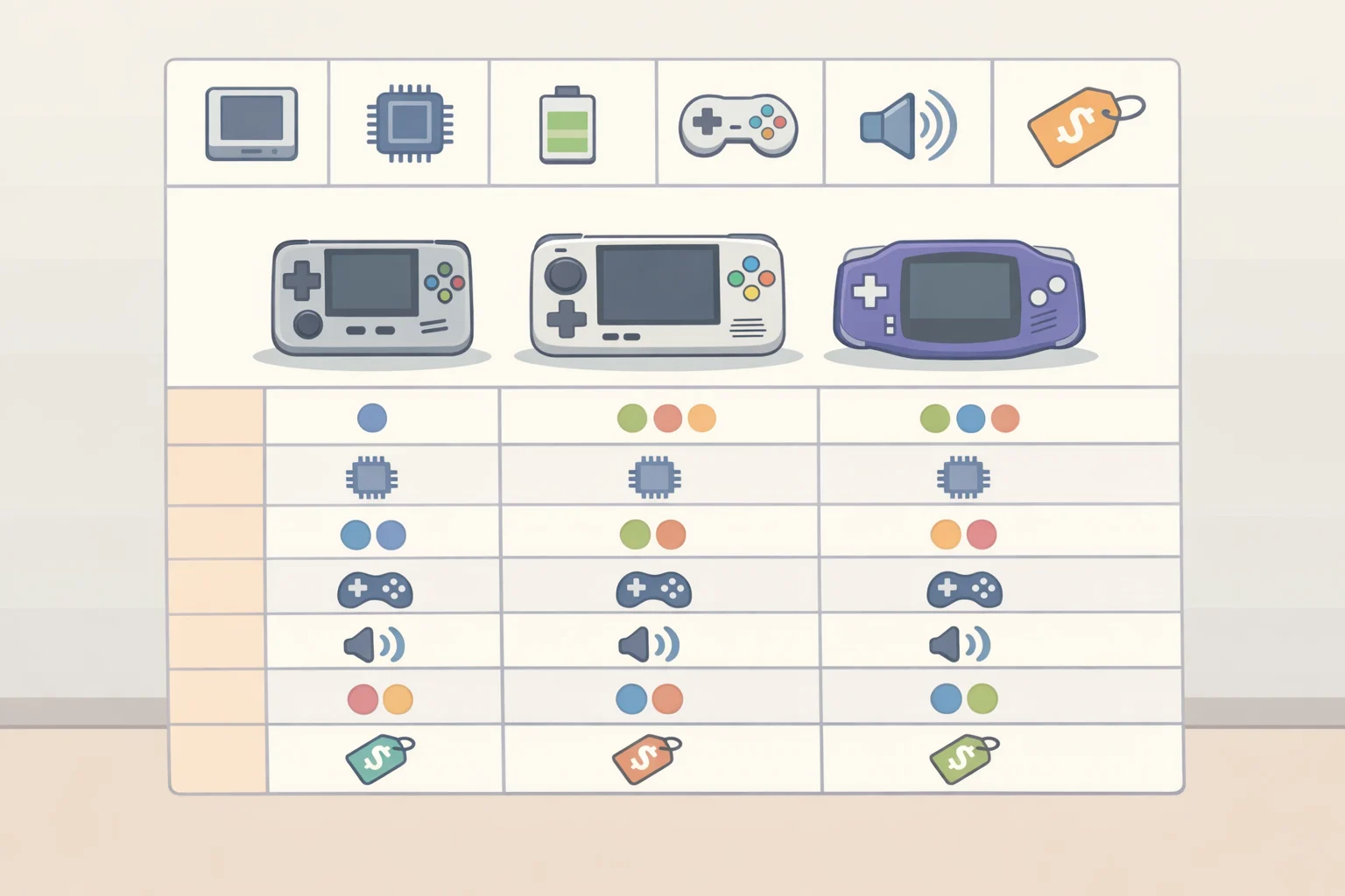 Comparison table showing how the Anbernic RG34XX, Retroid Pocket Nova, and AYANEO Pocket Advance differ in emulation range, likely performance, and expected price points
