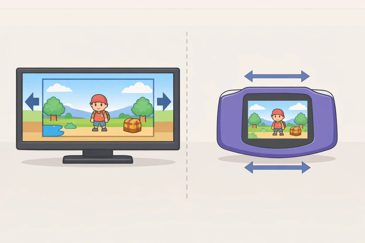 Diagram comparing the Pocket Advance widescreen display tradeoffs for GBA games versus the original GBA 3:2 aspect ratio
