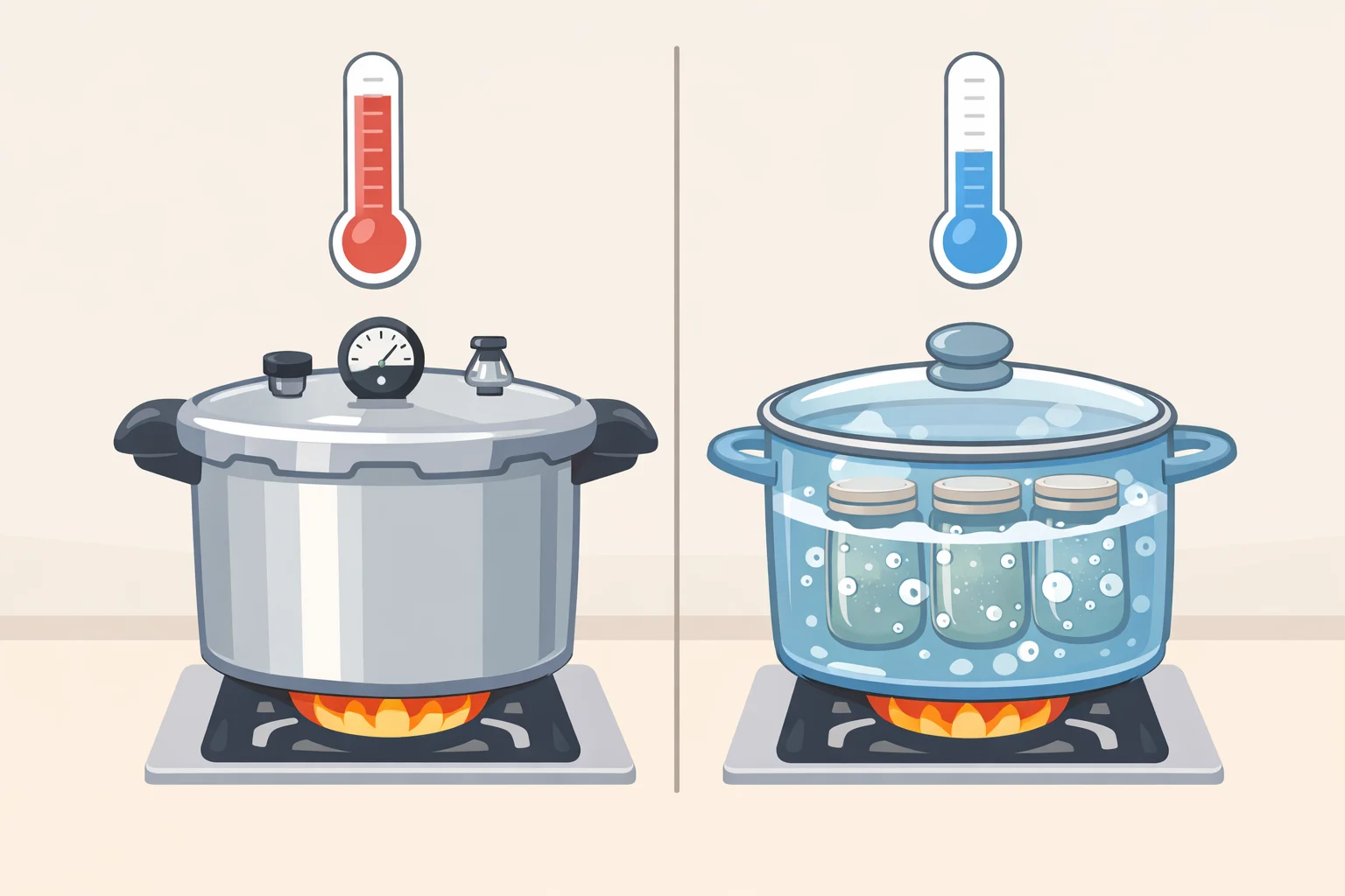 Thermometer and pot graphic comparing boiling water bath temperature at 212°F with pressure canner temperature of 240°F needed to destroy botulism spores in home-canned low-acid vegetables
