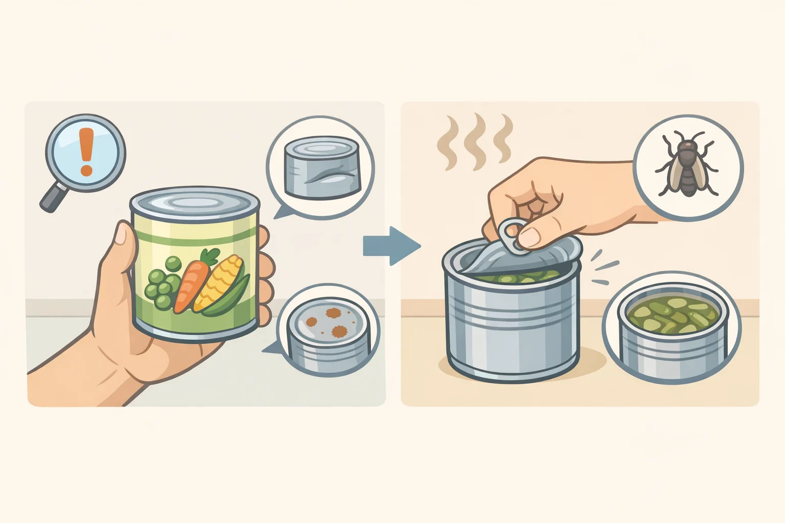 Checklist-style graphic showing two steps: inspect the can before opening (bulging, seam dents, leaks) and use senses after opening (off odor, foam, mold, spurting liquid), plus what to do with opened leftovers