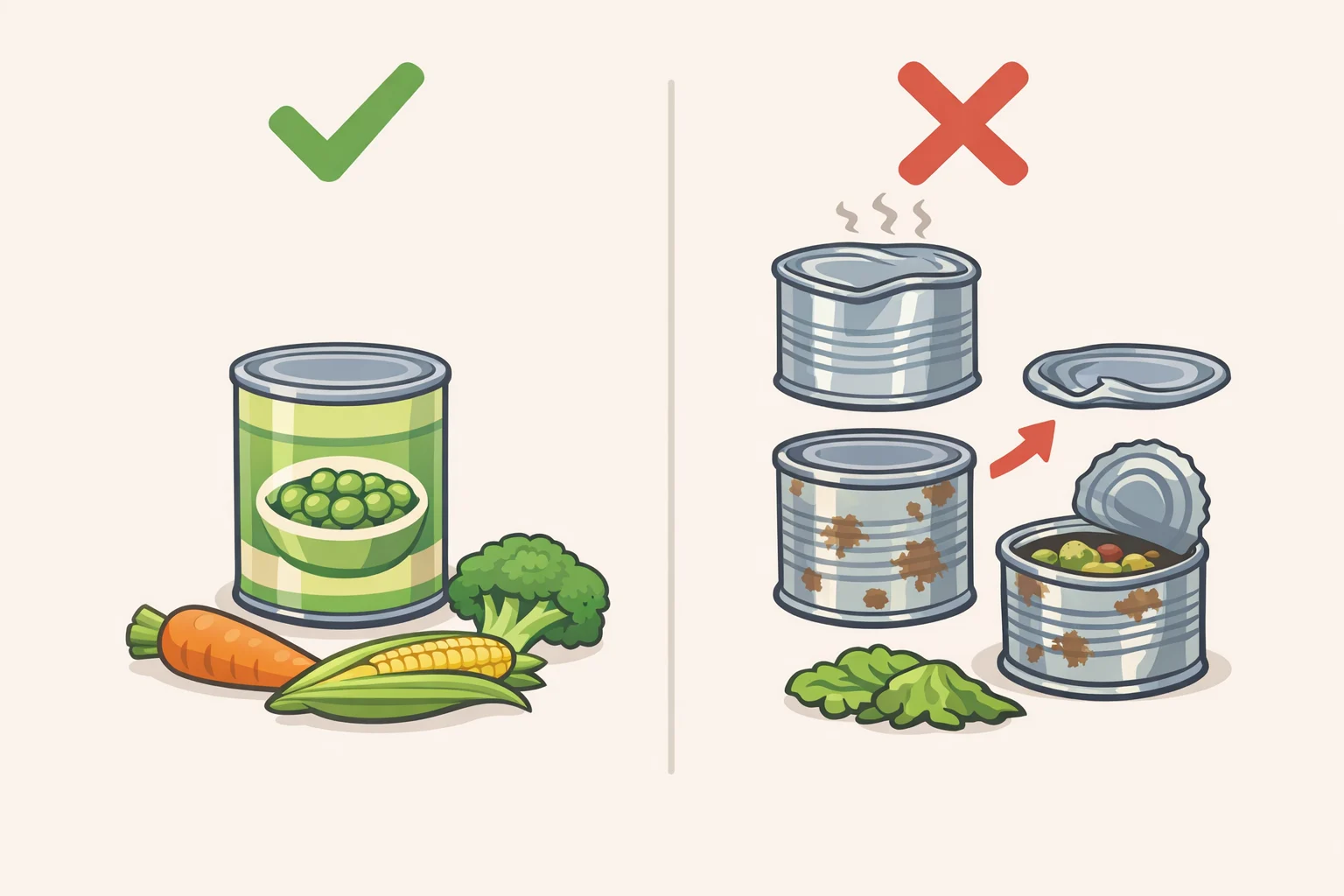 Side-by-side view of a store-bought can with an intact flat lid versus a bulging lid, dent at a seam, and leaking can to show what to check before judging if do canned vegetables go bad