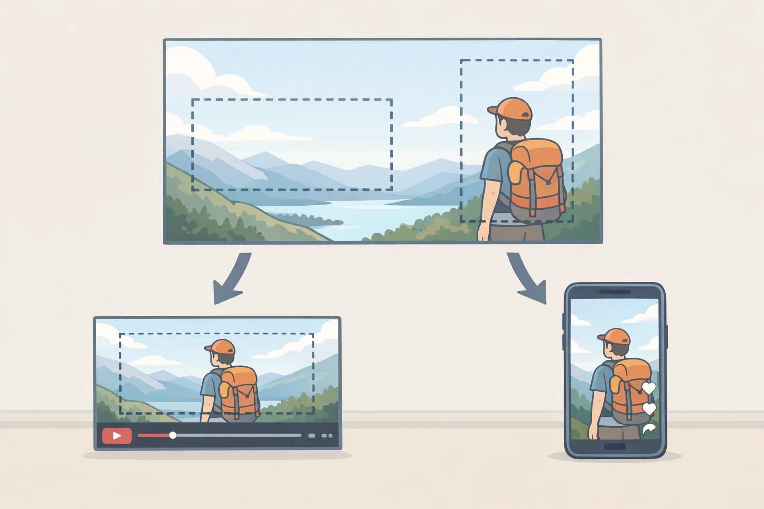 Illustration of 7K open-gate video (3:2 capture) being reframed into 16:9 YouTube and 9:16 TikTok crops for the Canon EOS R6 V video-first workflow