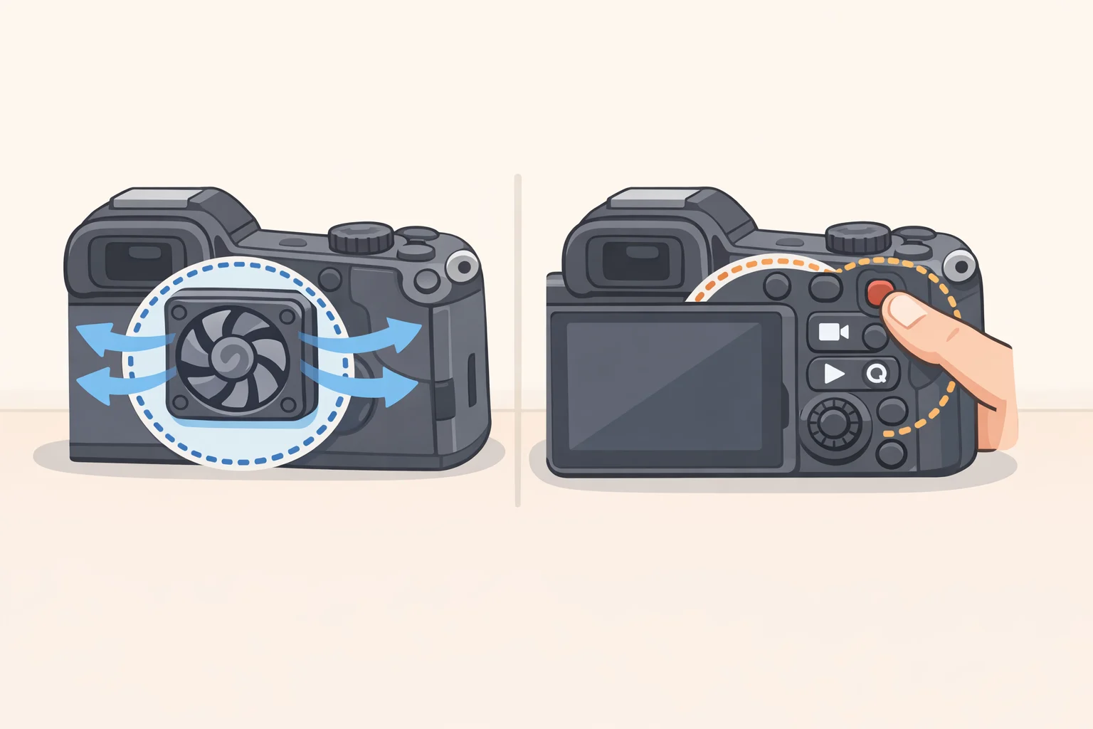 Illustration of the Canon EOS R6 V with its active cooling fan and video-focused controls (tally lamp, zoom lever, and vertical UI), designed for solo shooting