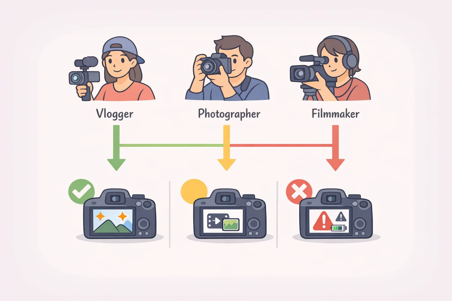 Decision chart showing when to buy or consider another camera based on video-to-stills ratio, need for an EVF, flash requirements, and solo livestream workflow for the Canon EOS R6 V