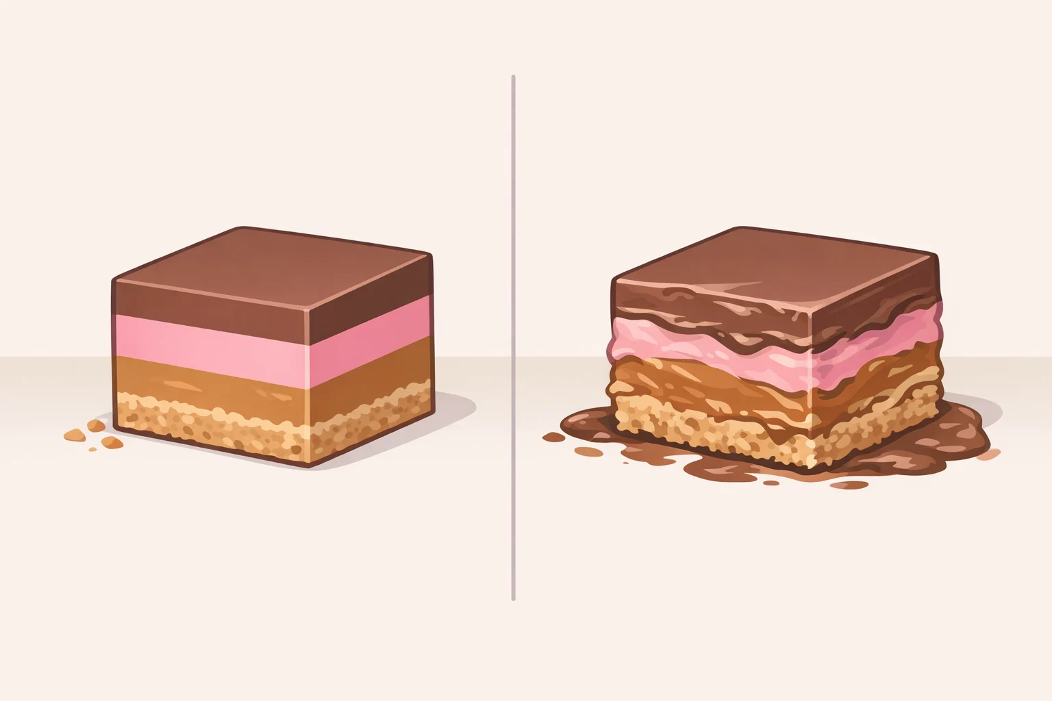 Side-by-side comparison of properly chilled buckeye brownies versus bars with smeared peanut butter layers, helping readers fix slice failures in a buckeye brownies recipe