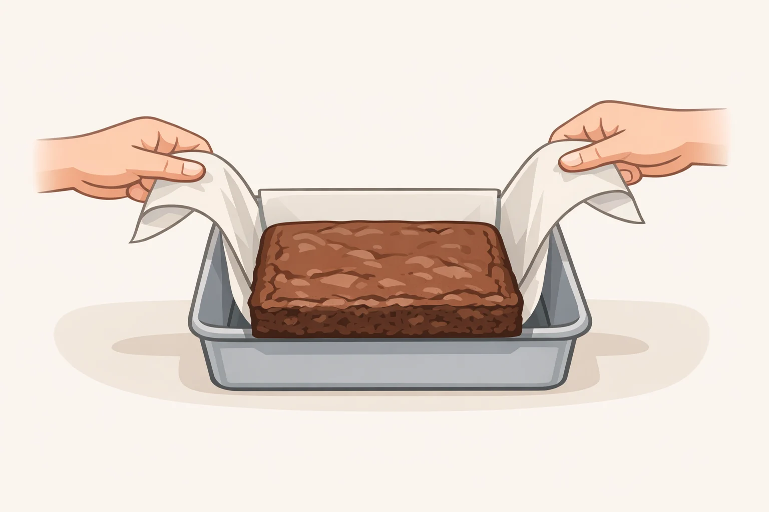 Overlapping parchment paper strips with overhang on all sides to lift the baked brownie base cleanly for a buckeye brownies recipe