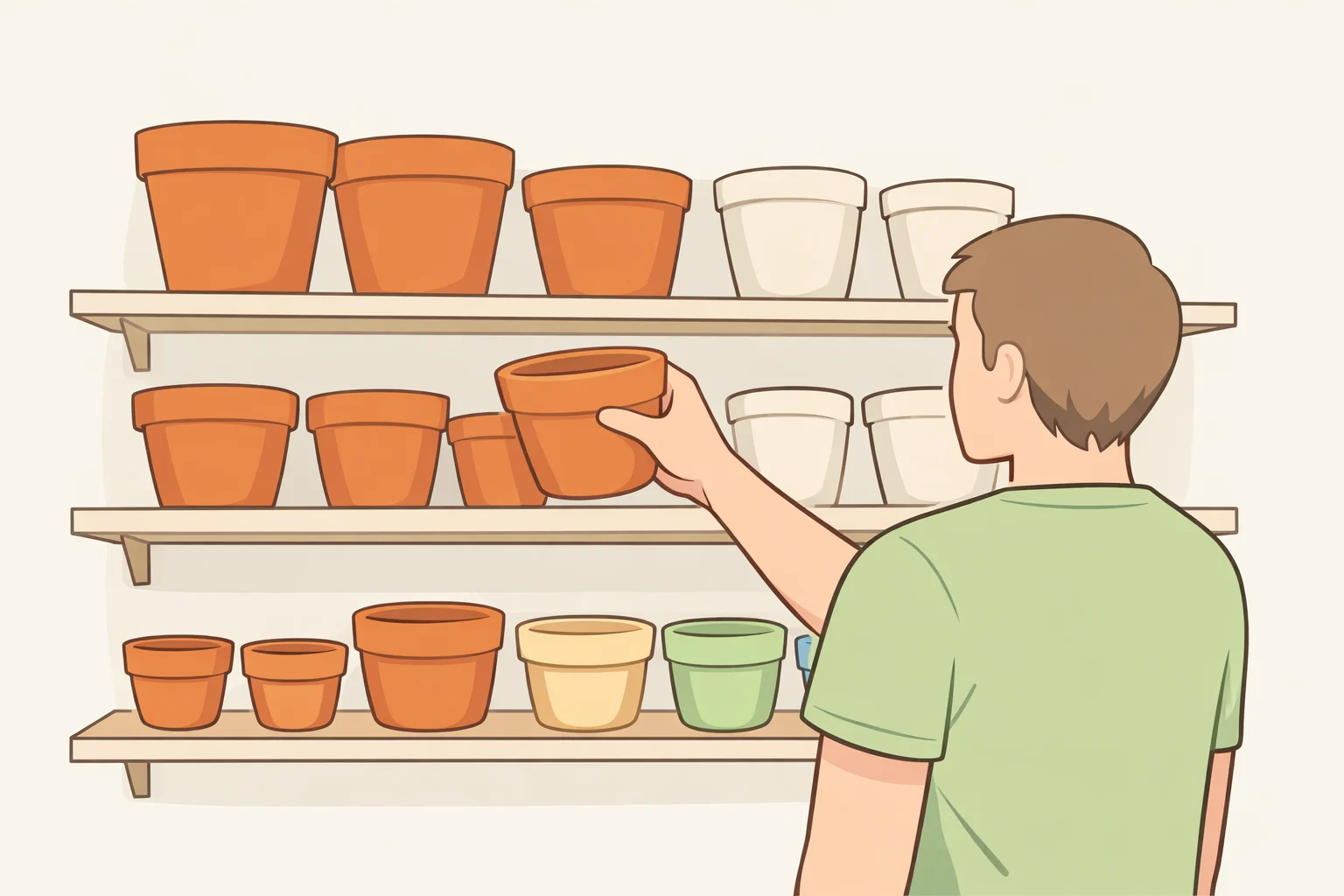 Customer choosing a ceramic and terracotta-style planter in the IKEA plant department