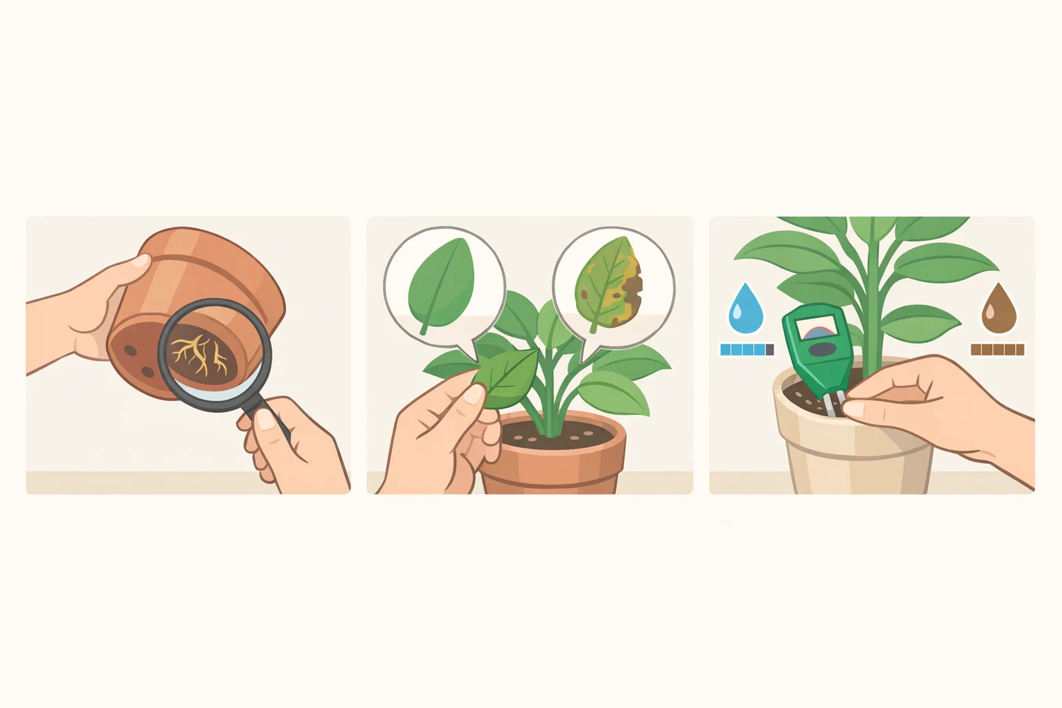Illustration of the four quick checks—roots from the drainage hole, leaf health, and soil moisture—for an IKEA plant department purchase